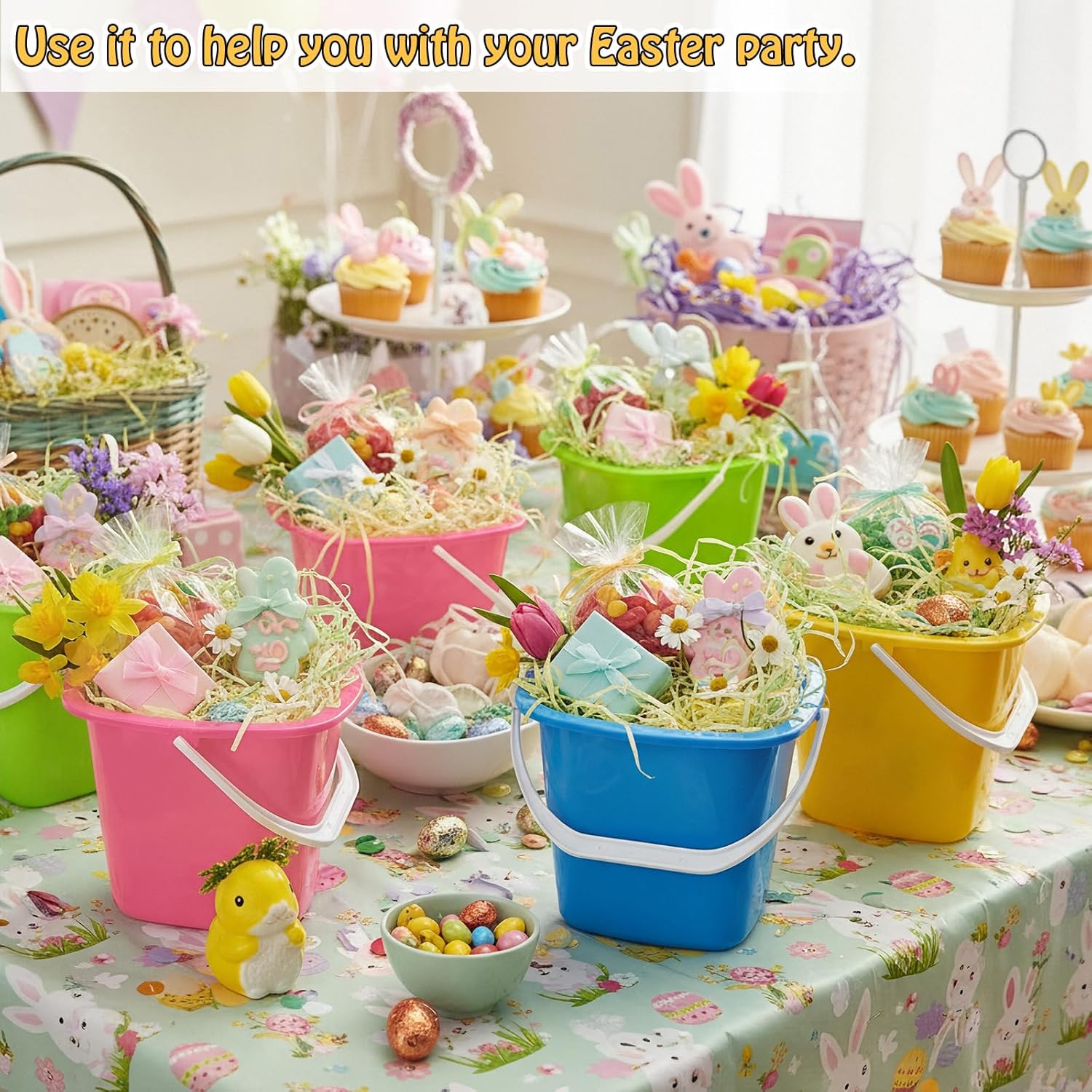 FillTouch 12 Pack 7.5 Inch Easter Buckets for Egg Hunt with Raffia Grass Plastic Easter Basket with Handles Colored Square Pails Bulk for Party Favors Themed Supplies Festive Decorations Friend Gift