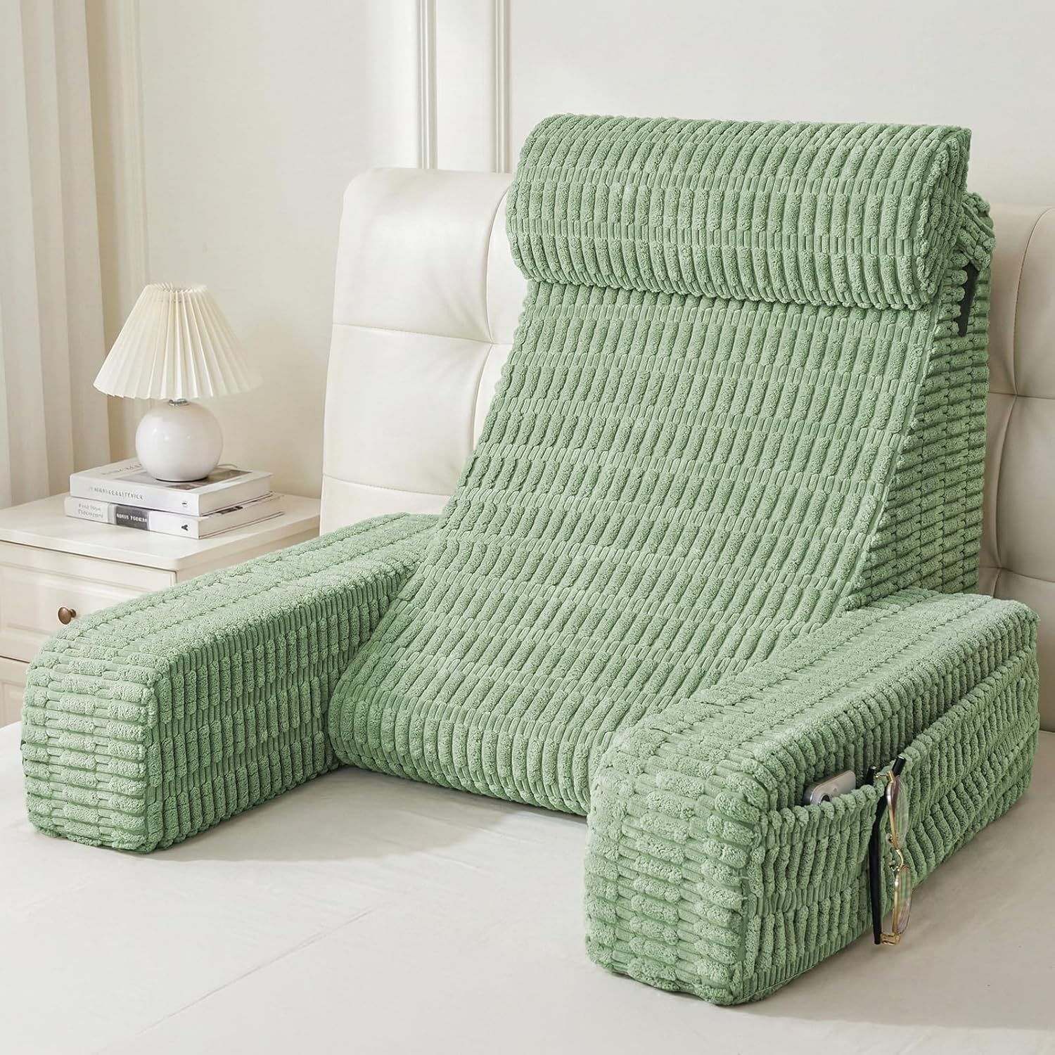 21" Reading Pillow for Bed Sitting Up, Back Support Pillow with Built-in Arms & Large Pockets, Washable Cover, Sage Green