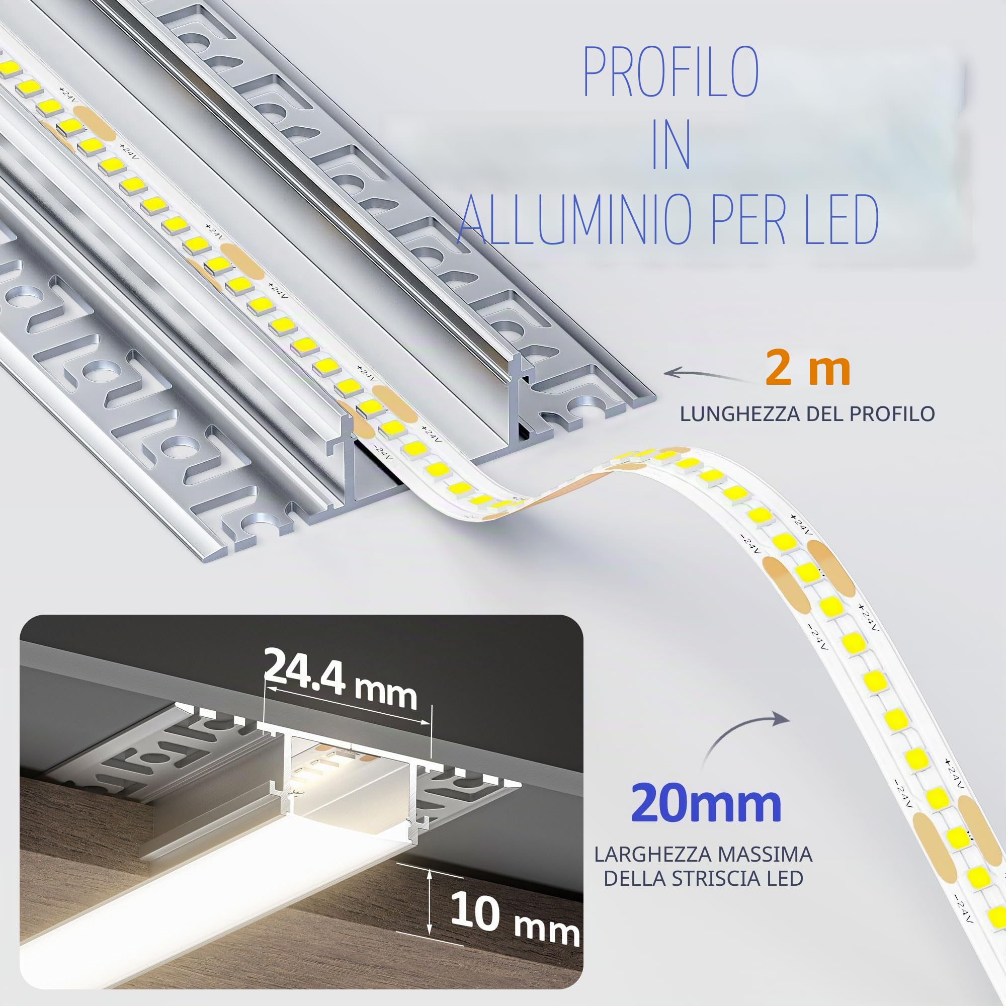 Profilo LED cartongesso in alluminio con diffusore – Canalina LED per strisce fino a 20 mm, dimensioni: 2000x61,8x13,8 mm (inclusi alette di montaggio) (SP45, 5 pezzi (10 m totale))