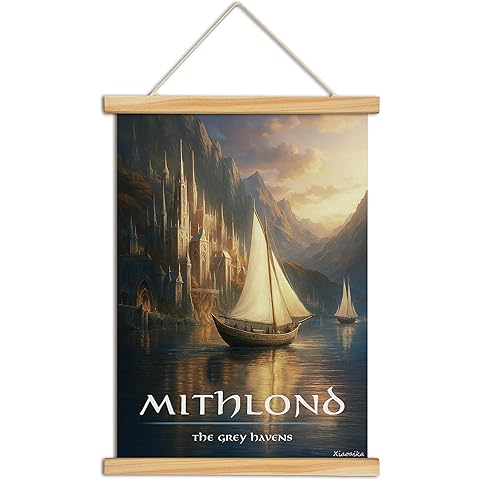 XIAOAIKA Grey Haven Fantasy Wall Art, Tranquil Coastal Port Canvas Poster with Solid Wood Hanger, Hanging Print for Fans of Elven Legends and Farewell Realms, 16x23 Inch
