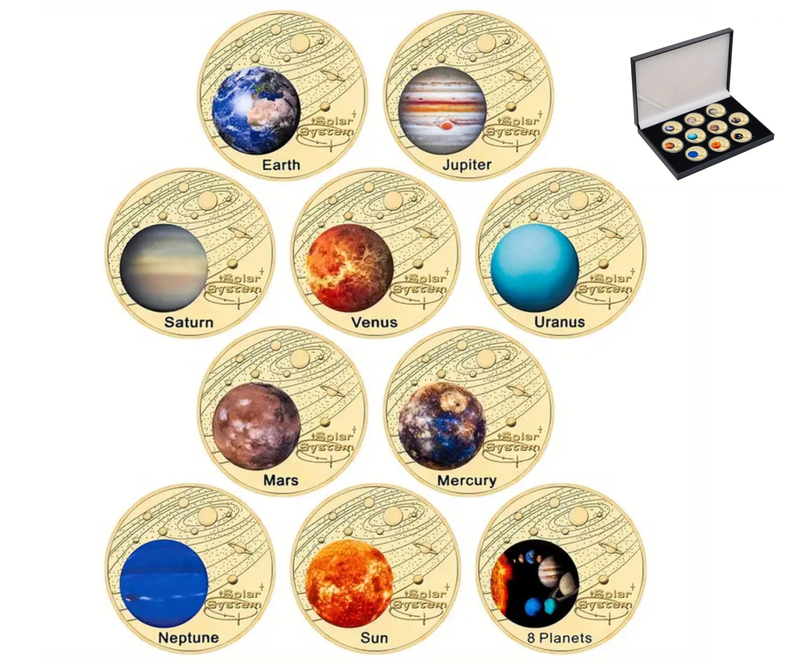 Juego de 10 piezas de colección del sistema solar chapado en oro con estuches individuales y caja de almacenamiento.
