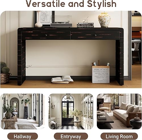 Miniatura 127 de Mesa consola contemporánea con parte superior de madera de hormigón de inspiración industrial, armario de almacenamiento de acento para sala de Gris