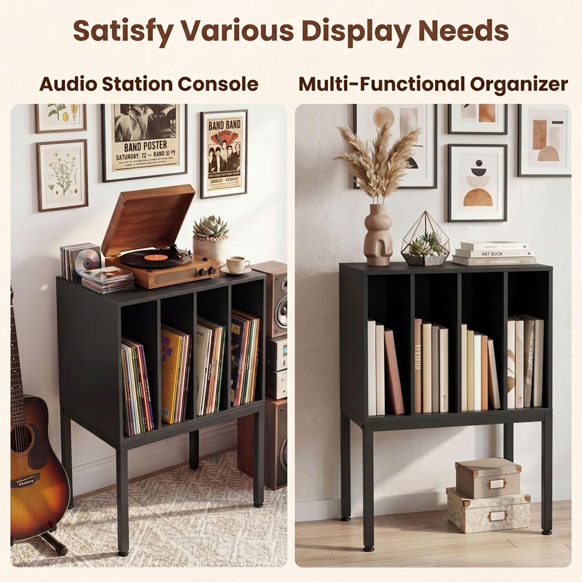 KOMFOTTEU Supporto per Giradischi in Vinile con Stazione di Ricarica (Nero) | Struttura Legno-Metallo, Piano Superiore + 4 Scomparti Porta Album, Design Moderno Multifunzione, 50x40x81 cm