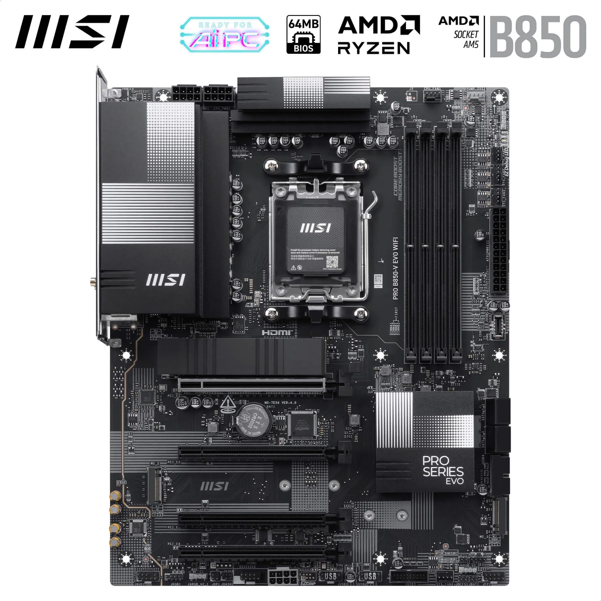 MSI Scheda madre PRO B850-V EVO WiFi, ATX, supporta processori AMD Ryzen 9000/8000/7000, AM5 - Boost di memoria DDR5 (fino a 8200+ MT/s OC), PCIe 5.0 x16, M.2 Gen5, Wi-Fi 7, 5G LAN