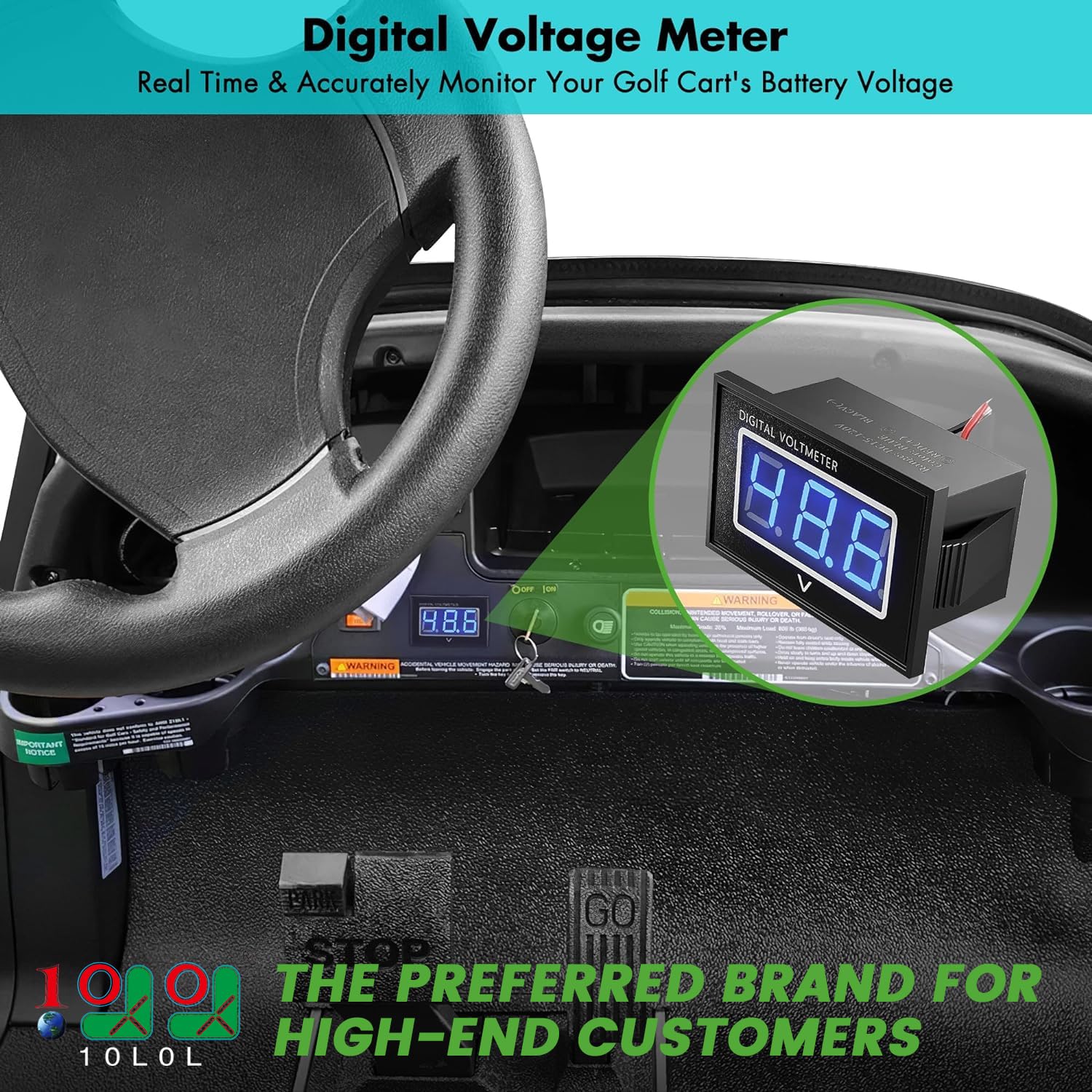 10L0L Golf Cart Voltage Meter,Waterproof Digital Battery Monitor Universal for 12V 24V 36V 48V 60V 72V Golf Cart Club Car EZGO Yamaha and Truck Boat Scooter ATV UTV (Voltage Display DC5-120V)