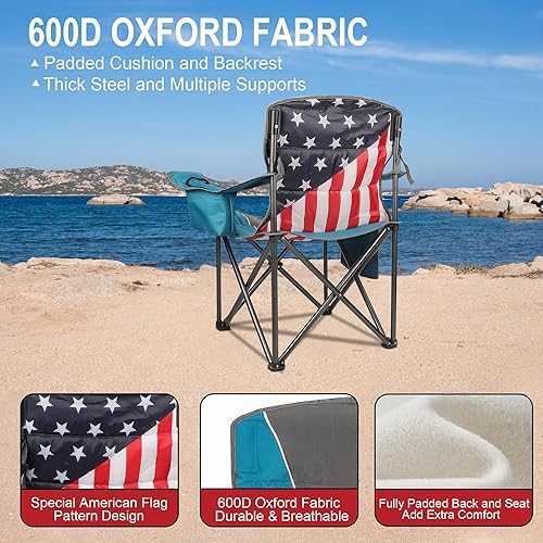 Miniatura 4 de Colorsoul Silla de camping plegable de gran tamaño, silla de campamento acolchada para exteriores, soporte de 300 libras con portavasos y bolsa