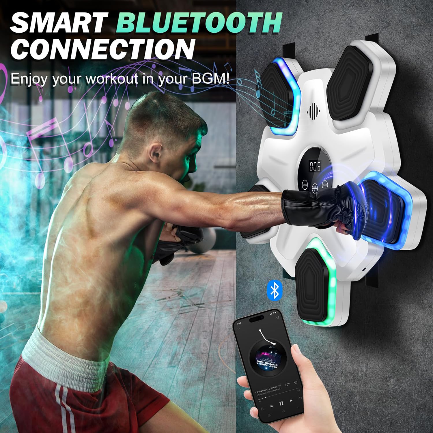 Music Boxe, Punzonatrice da parete con connessione Bluetooth, velocità a 9 livelli e regolazione in 4 modalità, boxe interattiva per bambini e adulti