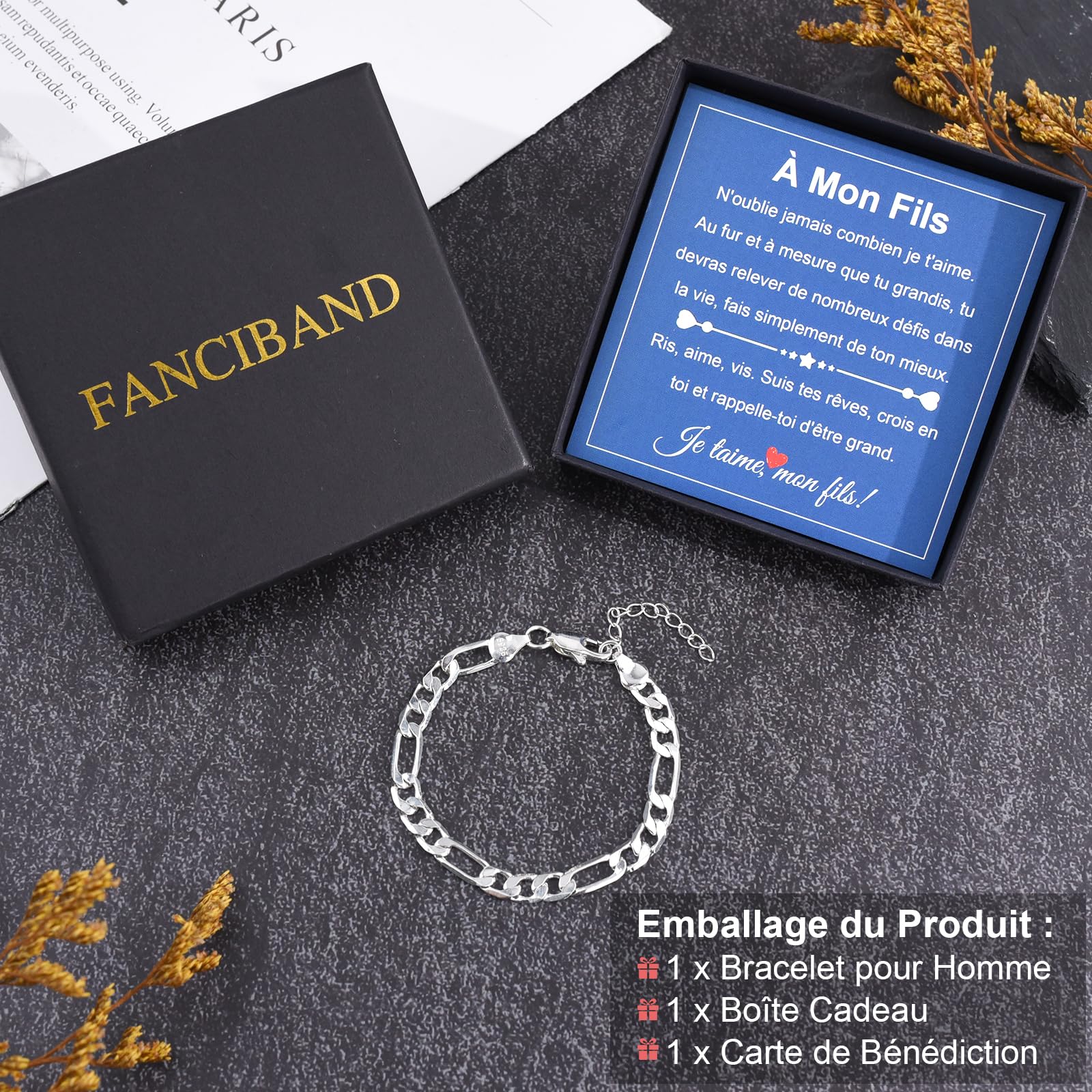 FANCIBAND Bracelet Gourmette Homme en Argent 925 Ajustable Cadeau pour Garçon Anniversaire, Noël, Rentrée et Fin d'Études