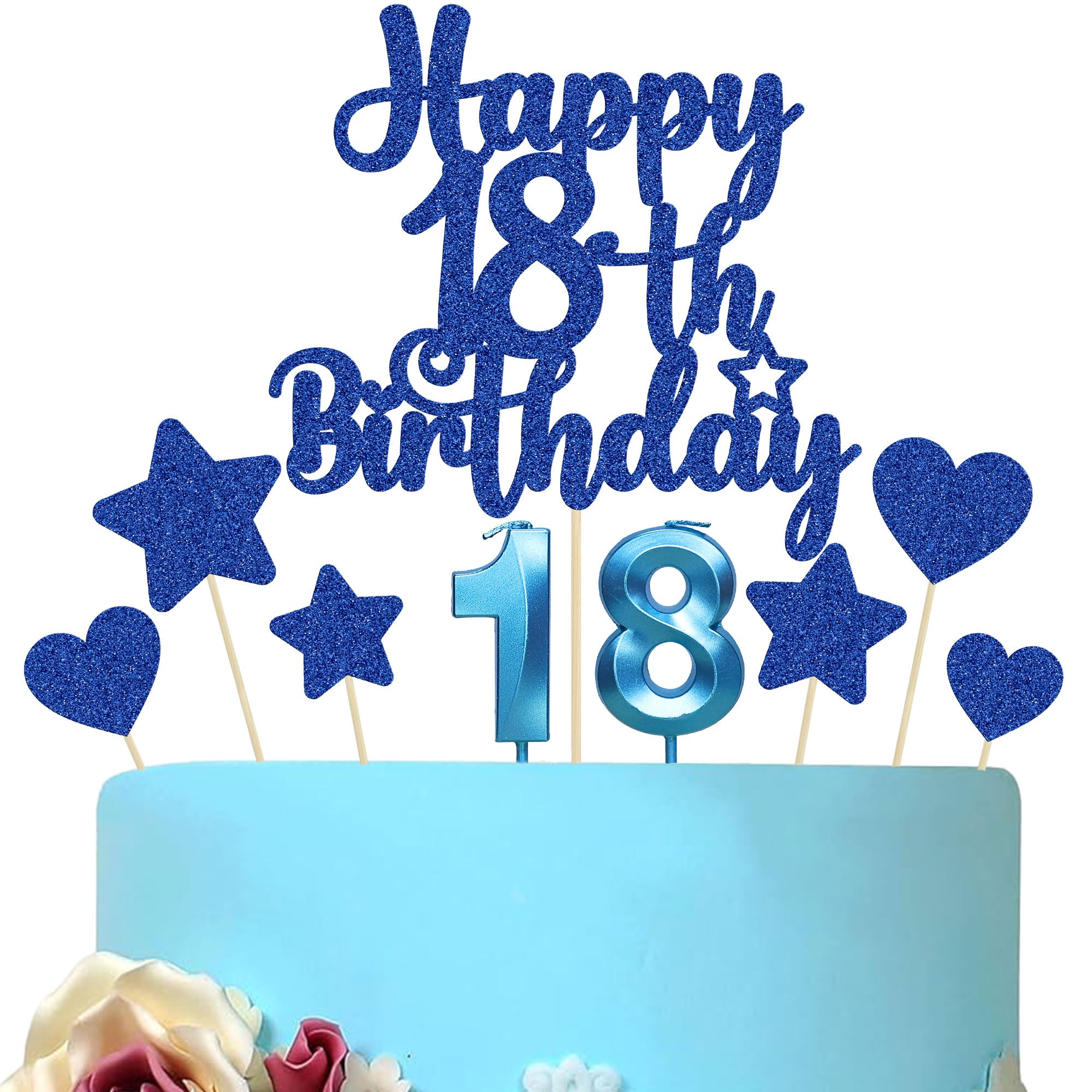 Gyufise 15Pcs Happy 18th Birthday Cake Topper Set with Heart Star Glitter Cheers to 18 Years Cake Picks Number 18 Candles Cake Decorations for Happy 18th Birthday Anniversary Party Supplies Blue — image 1