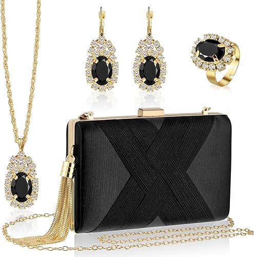 Quelay Juego de 4 piezas de bolso de mano de satén para mujer, bolso de noche para banquete de boda, bolso de mano, collar vintage, aretes, juego de