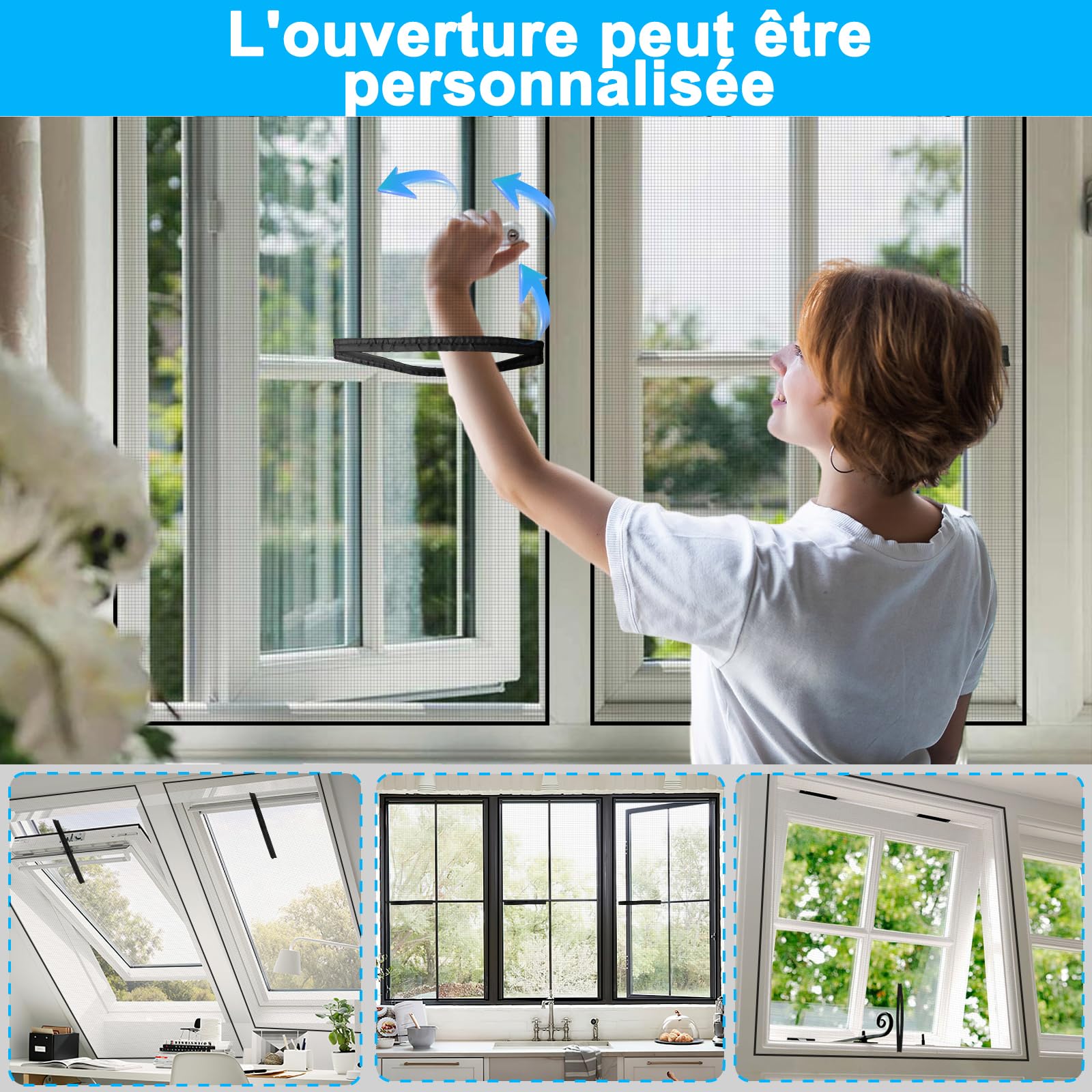 BKSAI Moustiquaire Fenêtre Sans Percage Adhésif | Fibre de Verre Résistante | Fermeture Magnétique Réglable | Découpable Jusqu'à 130x100 cm | Anti-Insectes Anti-Mouches pour Location Fenêtre Toit