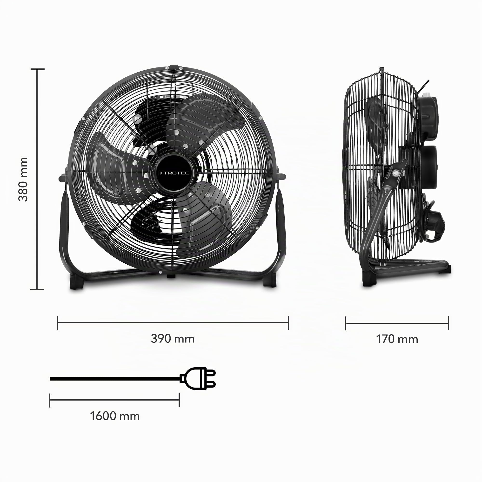 TROTEC Ventilateur de sol TVM 10 – 37 W, Ø 25 cm, 3 niveaux, design métallique, fonction d’inclinaison, compact et puissant, refroidisseur d’air silencieux pour la maison et le bureau