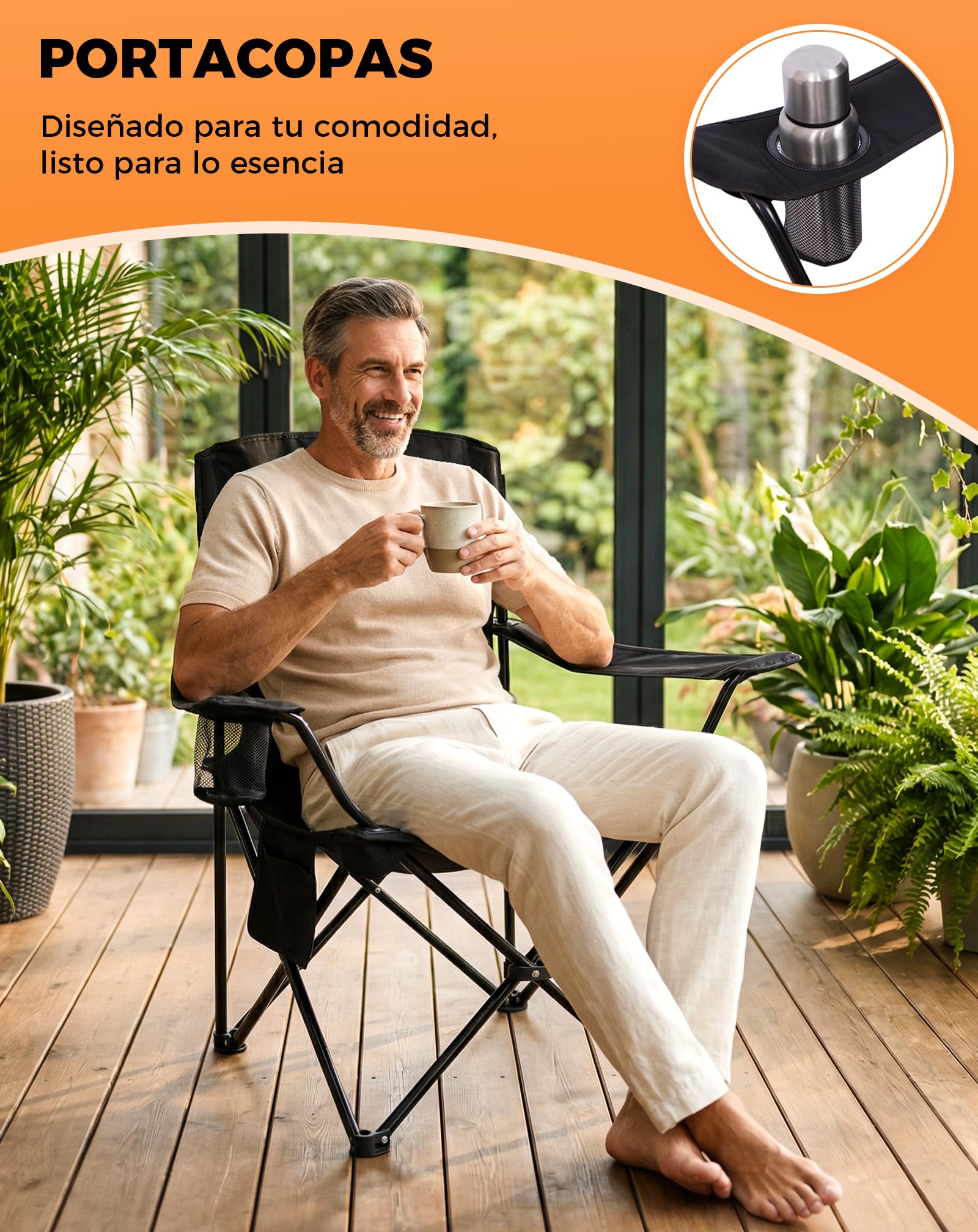 KingCamp Silla de Camping Plegable Ergonómica Acolchada 150 kg | Con Portavasos, Bolsillo Lateral, Solo 2,8 kg, Tamaño Compacto 15×15×93 cm para Camping, Jardín, Pesca y Exterior