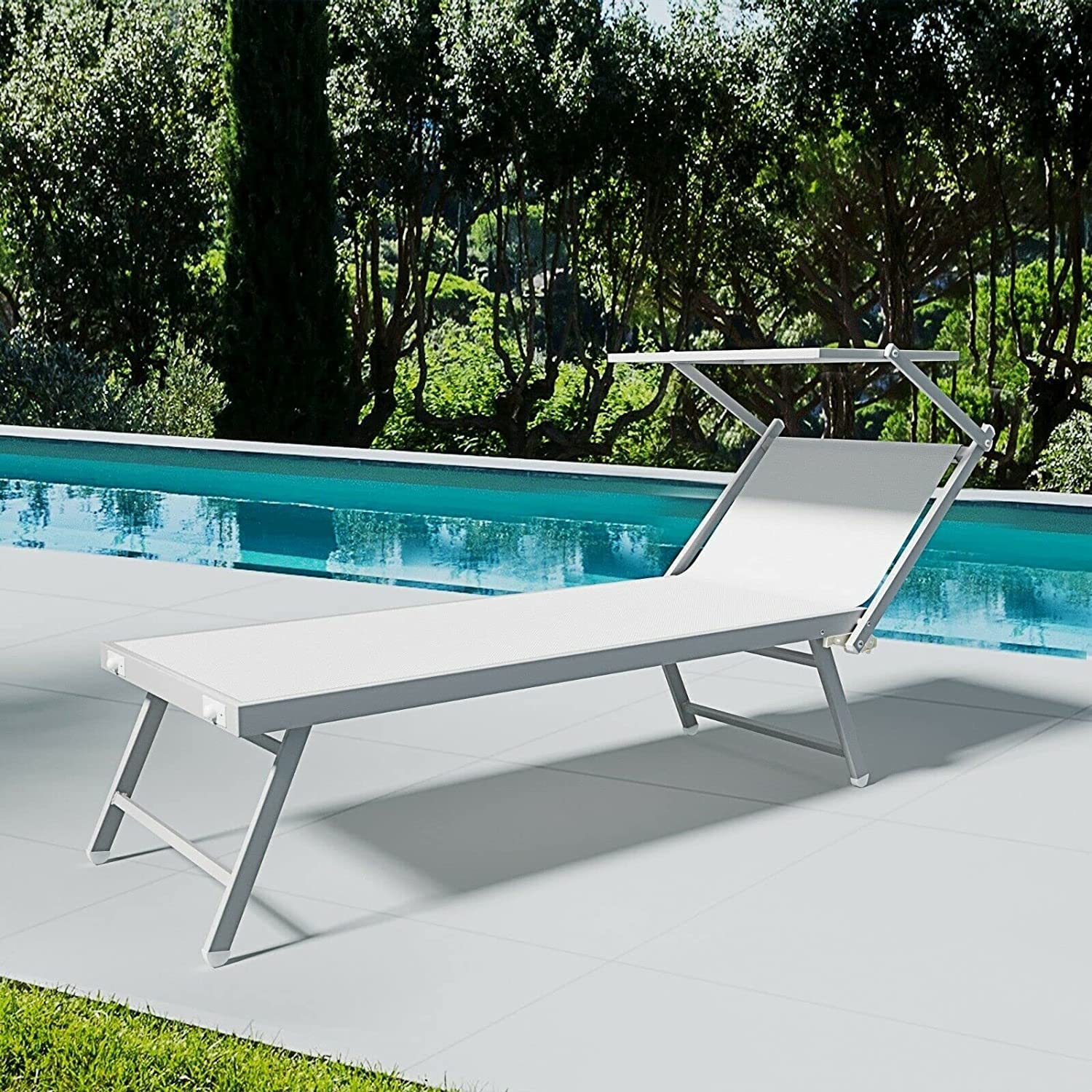Coppia Di Lettini Prendisole 720 gr/m² Professionale Pieghevole In Alluminio Tettuccio Orientabile Parasole Lettino Prendi Sole Sdraio Mare Piscina Spiaggia Giardino 182 x 60 x 38 cm (Bianco)