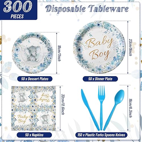 Miniatura 2 de Bokon Juego de 300 platos de elefante para baby shower, para 50 vajillas, incluye platos, servilletas, tenedores, cucharas, cuchillos, elefante,