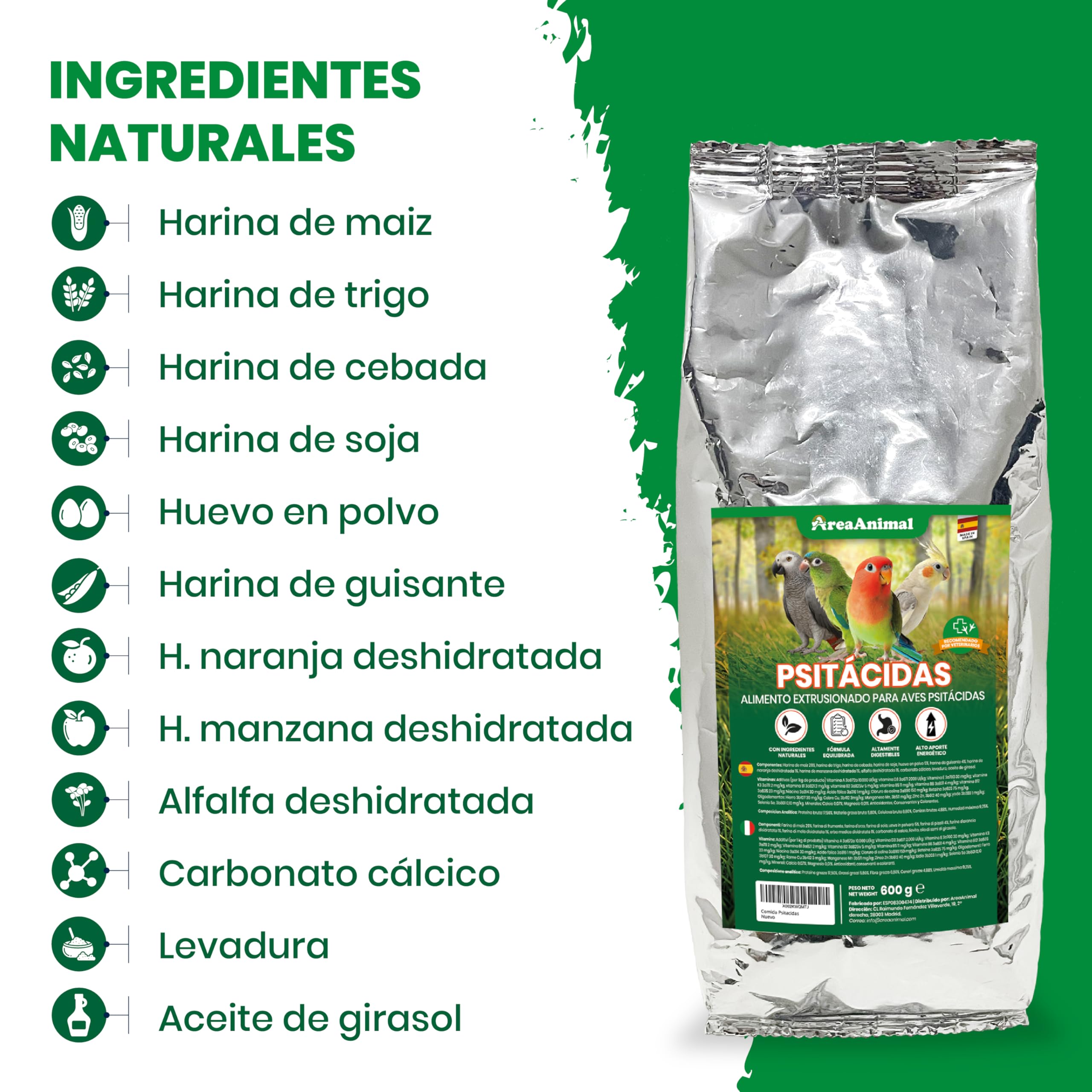 Alimento para Aves Psitácidas 600G, Comida Agapornis, Comida Periquitos, Ninfas, Loros... con Ingredientes Naturales, Alimento para Pajaros Psitácidas Extrusionado Completo y Equilibrado
