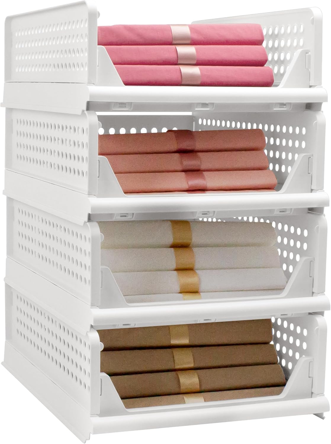 Stackable Foldable Storage Baskets, Folding Storage Bins, Closet Organizers and Plastic Drawer Shelf Storage Container for Wardrobe, Cupboard, Kitchen, Bathroom, Office (White, 4S) White 4S