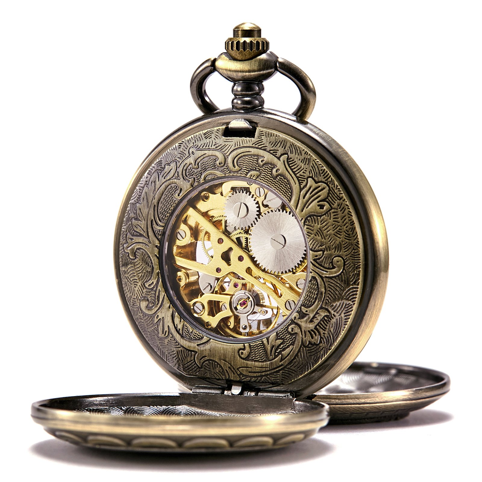 TREEWETO Montre de Poche mécanique Antique pour Homme et Femme, boîtier en Bronze, Train à Vapeur, Chemin de Fer, Chiffres Romains, Bronze, Antique