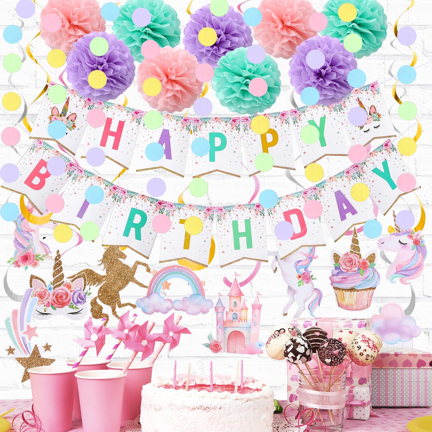 Decorazioni di compleanno con unicorno, striscione di buon compleanno, 9 pompon in carta velina, 10 vortici da appendere, ghirlanda a pois per decorazioni per feste di compleanno per ragazze