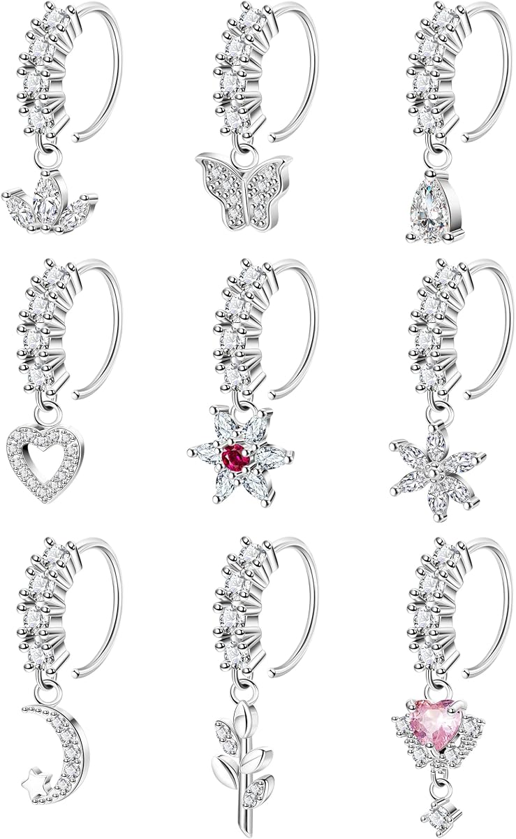 9Pcs 20G 316L Stainless Steel Dangle Nose Ring for Women