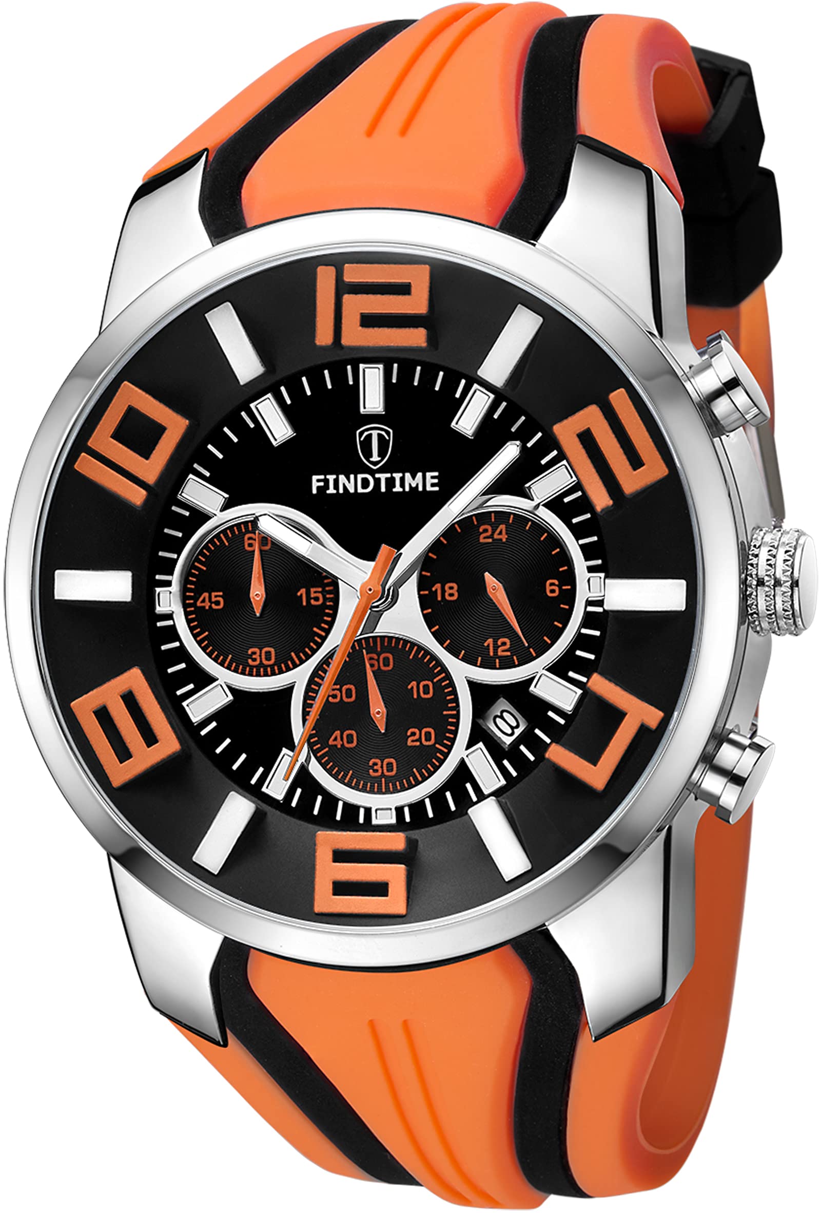 findtime Montre de sport pour homme - Chronographe militaire - Analogique - Quartz - Silicone - Grand chiffres - Date - Minuteur - Rouge
