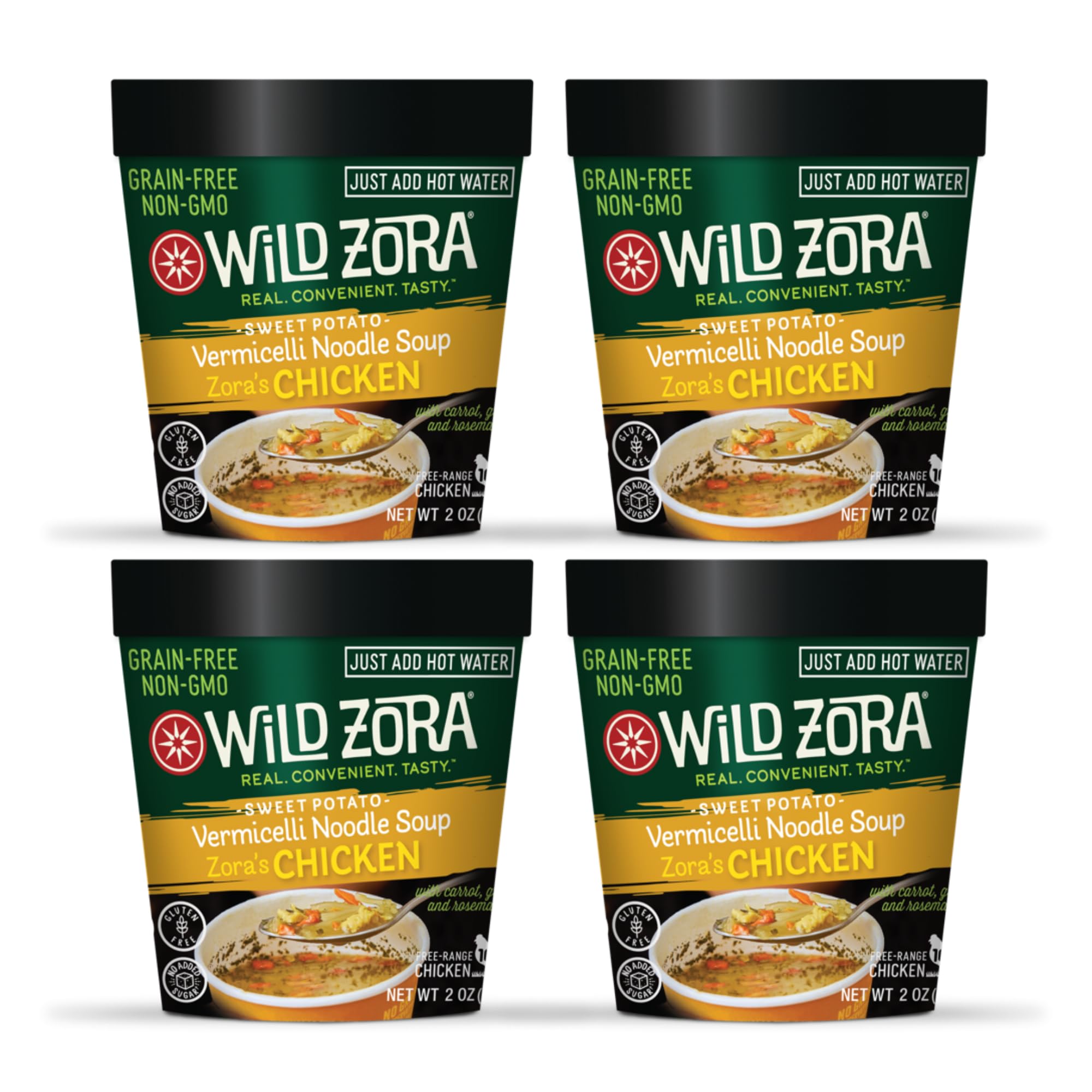 Wild Zora Chicken Noodle Soup Cup, 4 Pack, Paleo, AIP Friendly, Gluten-Free, Grain-Free Vermicelli Glass Noodles, Instant Ramen Style with Real Meat