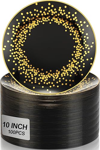 Miniatura 1 de Hsei 100 platos de plástico negros y dorados a granel desechables para Halloween, platos redondos de postre para cenas, bodas, cumpleaños, Navidad,