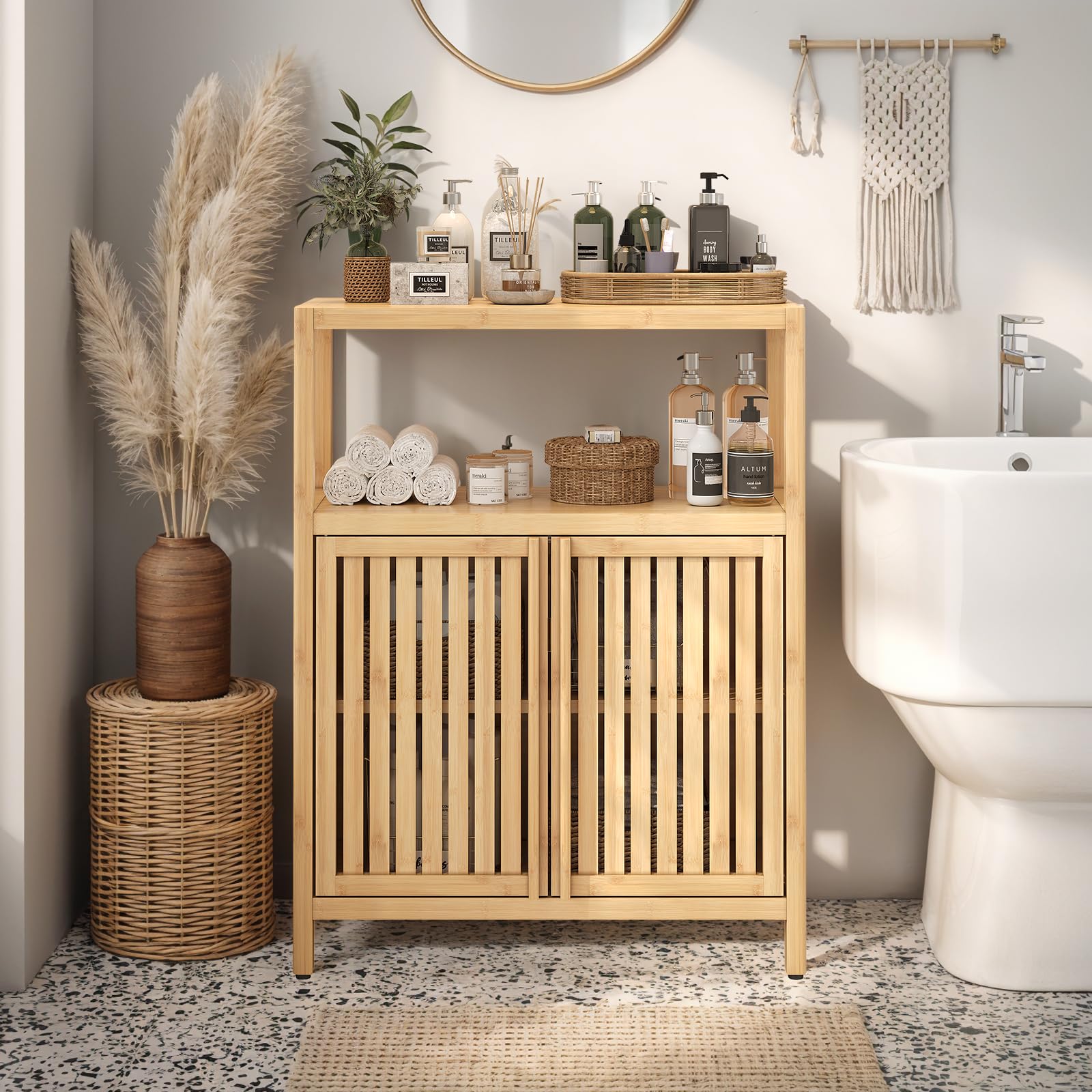 Bamboo Storage Cabinet Bathroom Floor Cabinet Side Storage Organizer Cabinet with 2 Louvered Doors & Open Shelf Freestanding Console Table Entryway