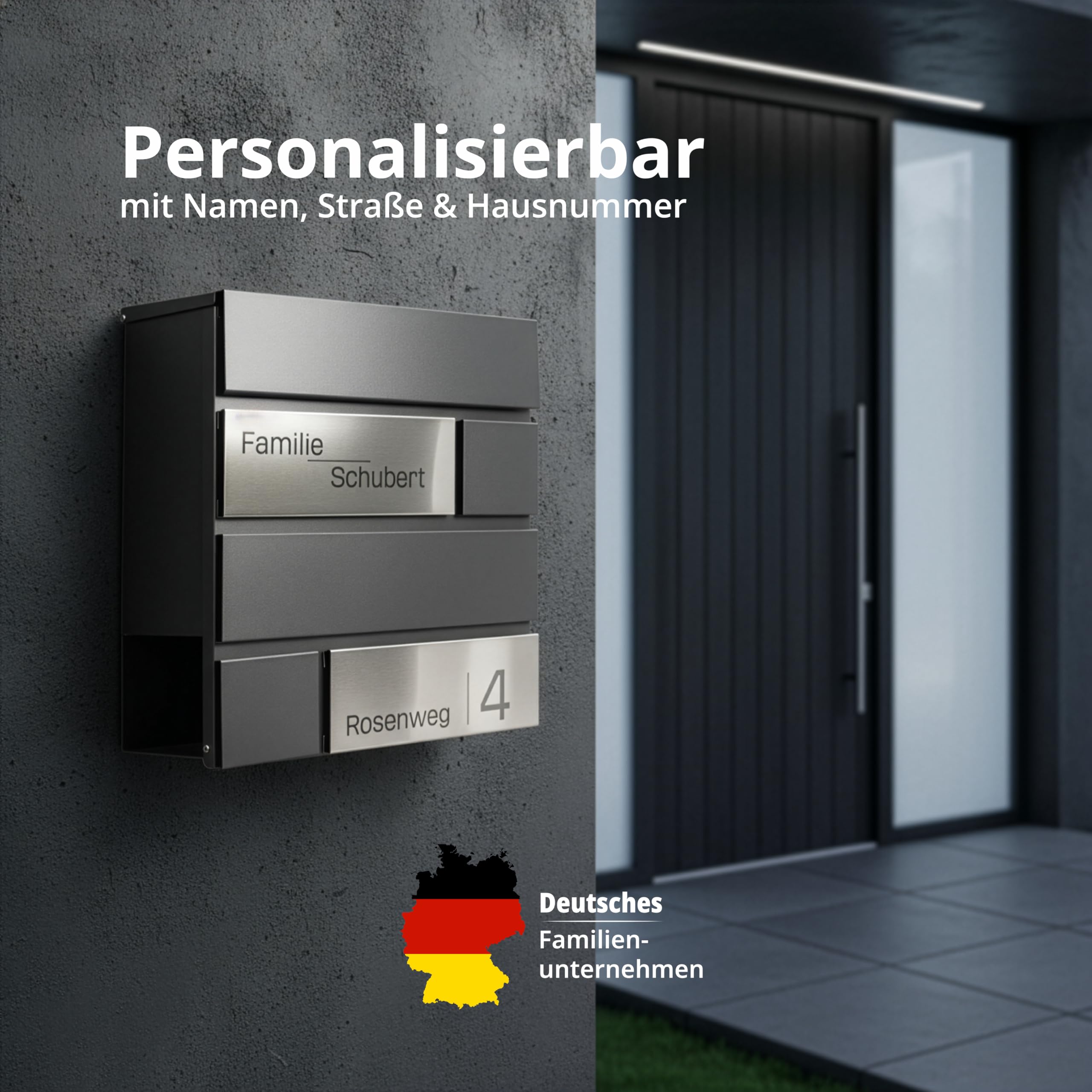 Grafner Premium Briefkasten personalisiert, RAL7016 mit Zeitungsfach und 2 Schlüssel, moderner Postkasten mit Name Straße Hausnummer, anthrazitgrau Wandbriefkasten graviert, mit Montagematerial