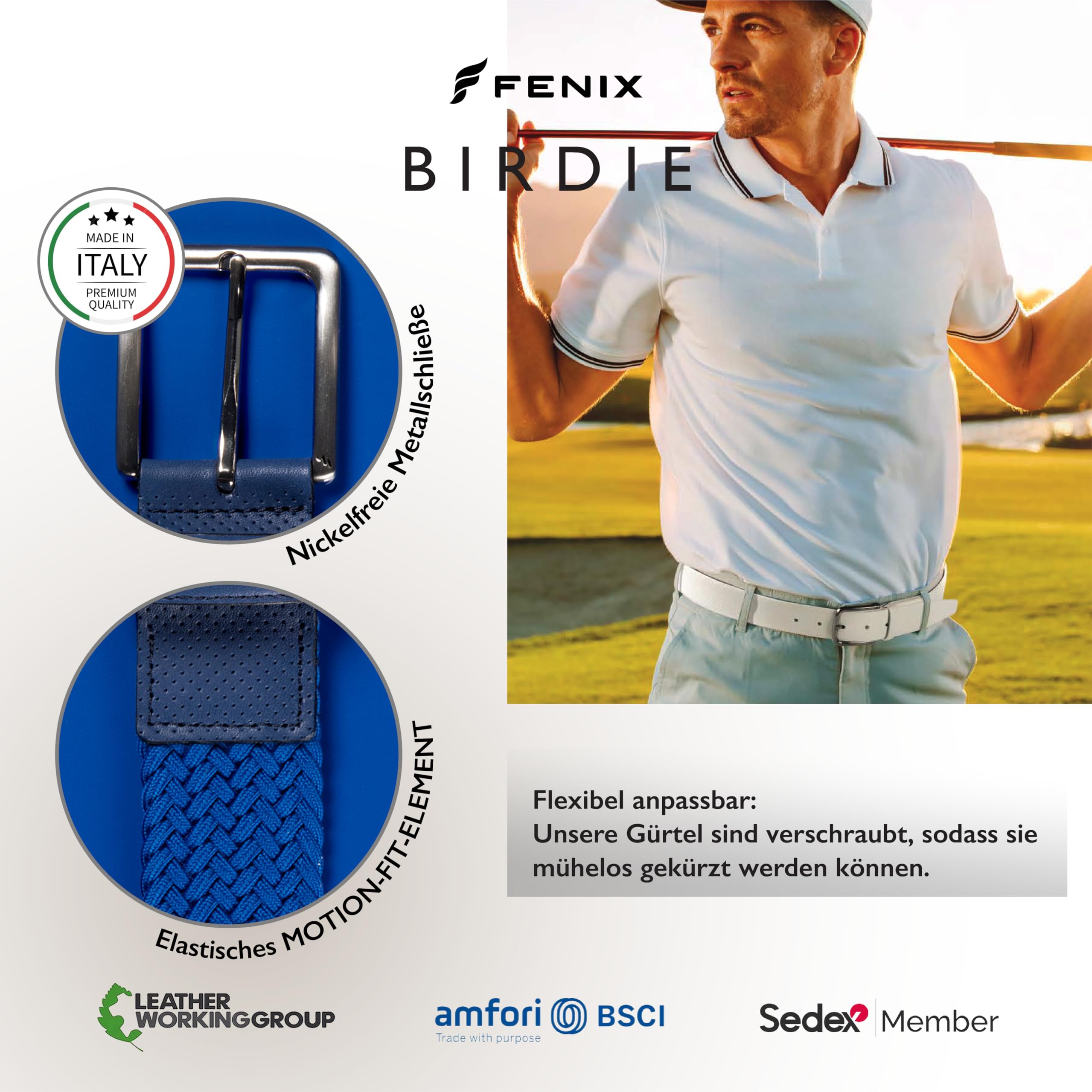 FENIX BIRDIE Stretchgürtel für Herren und Damen Größe S,M,L,XL Elastischer Gürtel Flechtgürtel 40mm breit designed in Deutschland Gürtel für Golf Sport und Alltag, Stoffgürtel