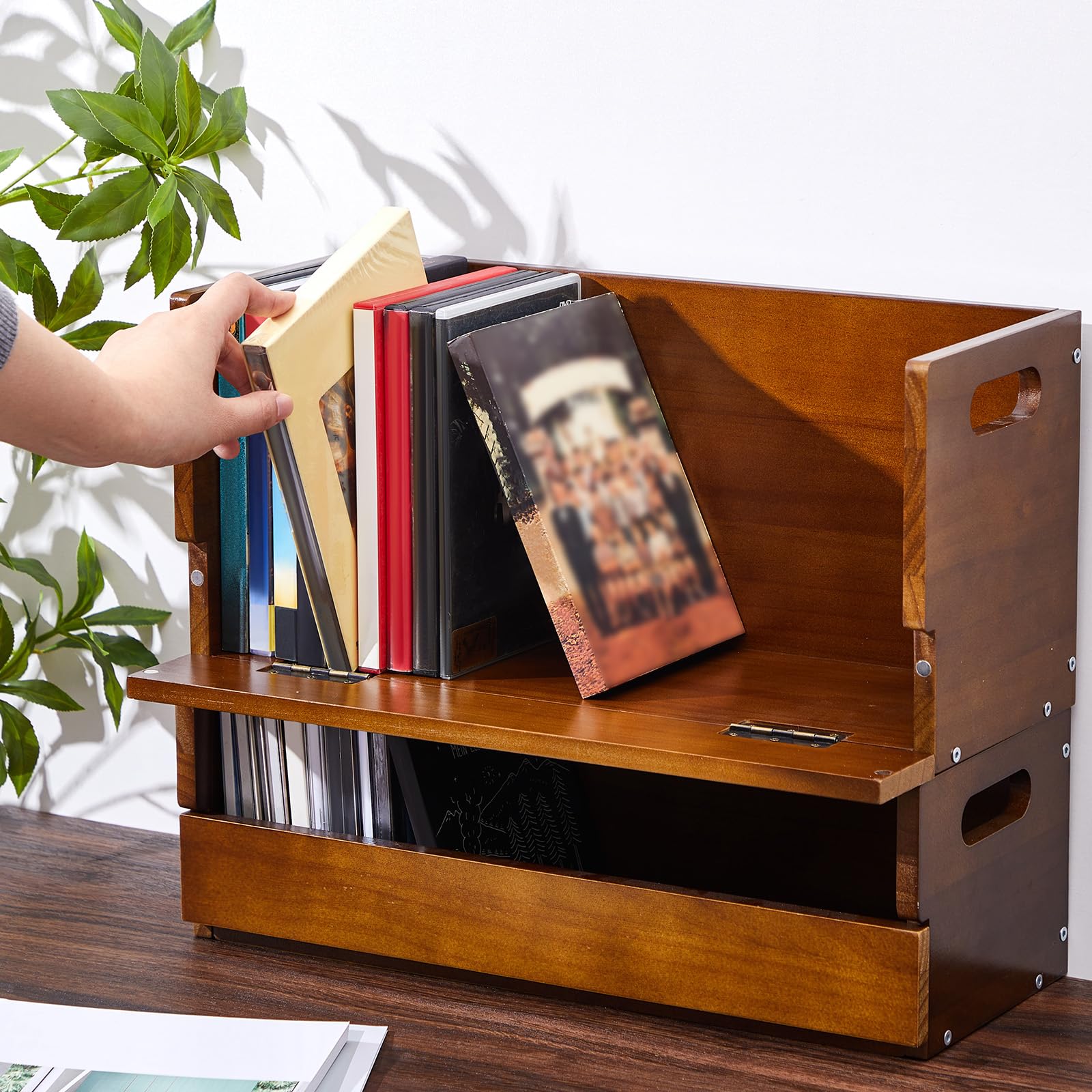 CroBlissful 2 cajas de almacenamiento de madera para DVD, soporte de almacenamiento de DVD, soporte de exhibición de cinta de casete con asa de transporte, estante organizador para fundas de