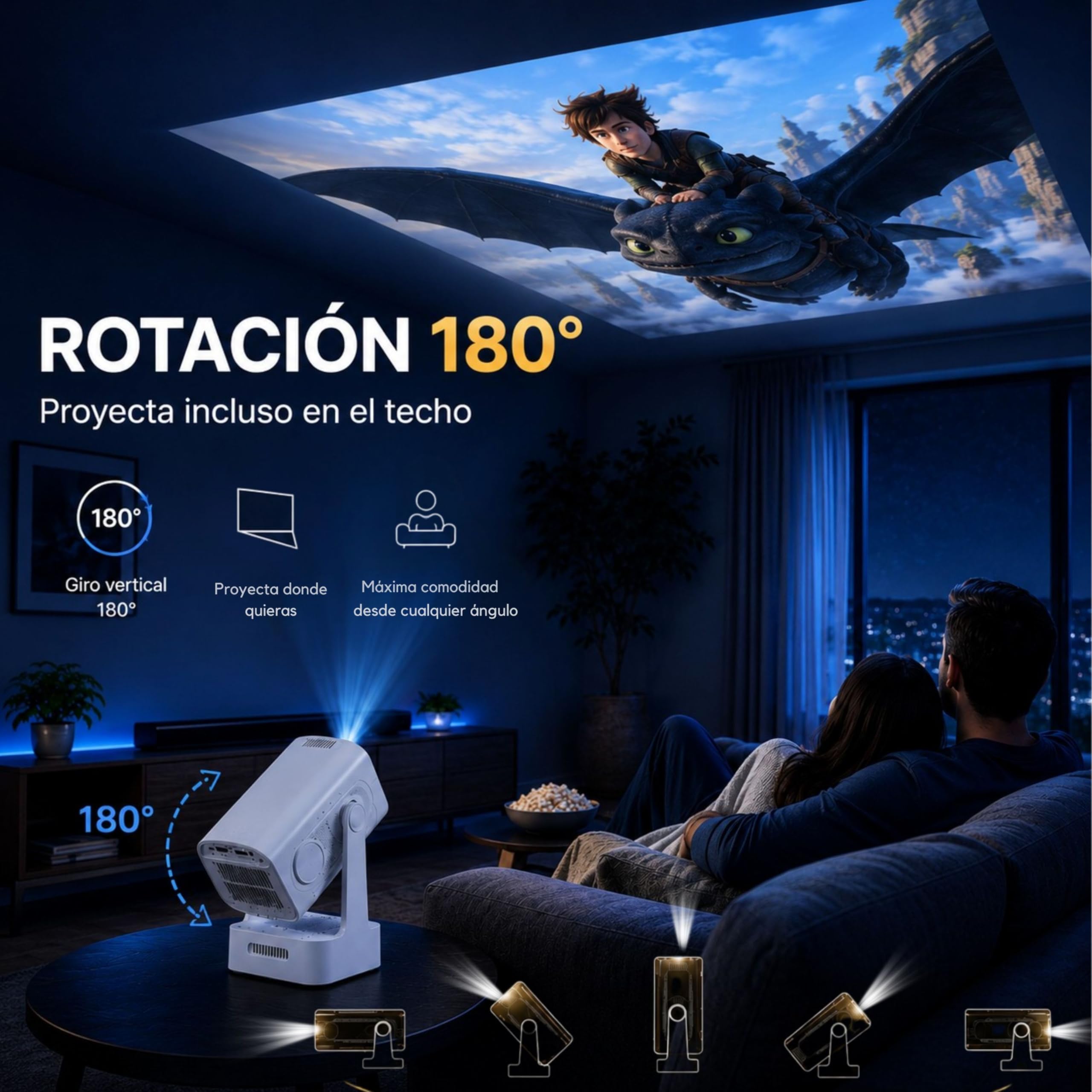 Mini proiettore portatile 1080p con supporto 4K, versione migliorata 2026, proiettore TV, proiettore portatile, Android 11 Auto Focus, fino a 130 pollici di proiezione, rotazione a 180°, per soffitto