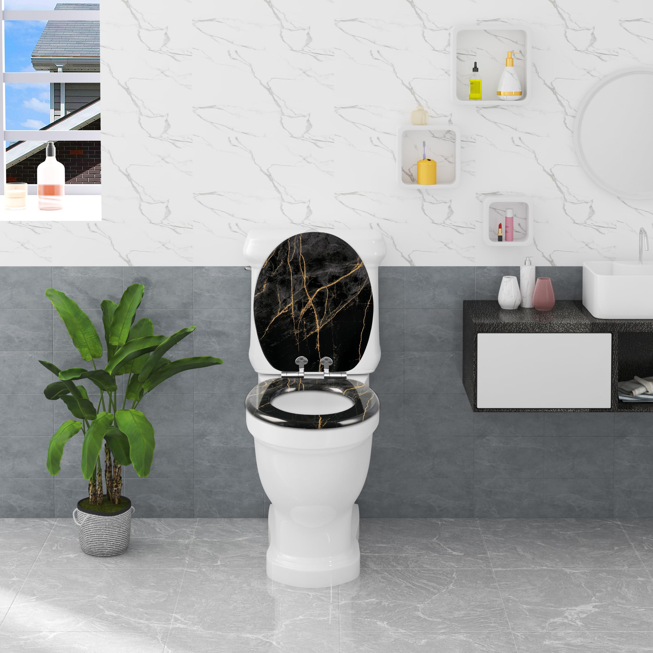eSituro Tapa WC Universal en Forma O, Asiento de Inodoro con Bisagra de Cierre Suave, Tapa Inodoro de Montaje y Liberación Rápida, MDF, Distancia entre Agujeros de Montaje
