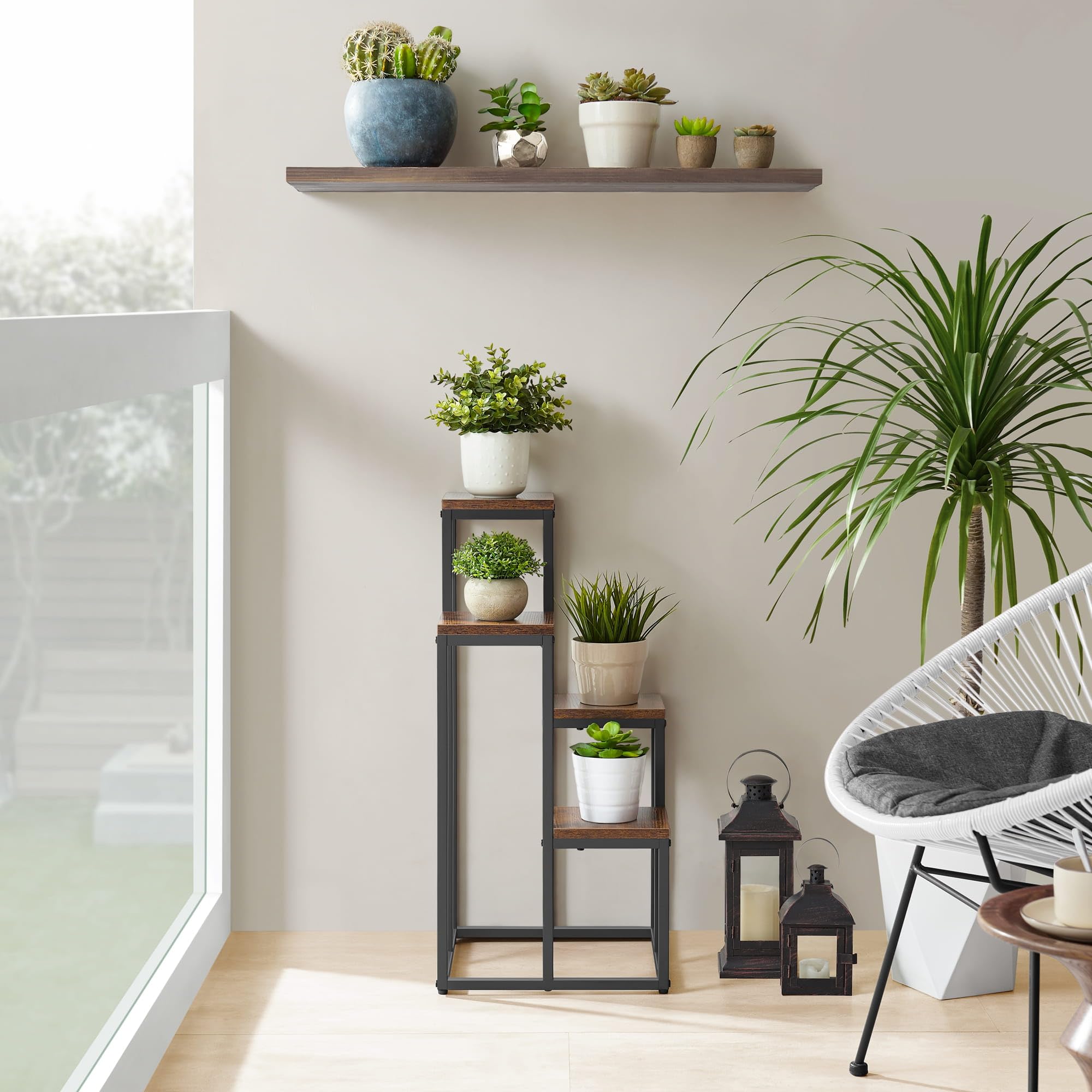 Étagère à pot de fleurs à 4 niveaux rustique avec pieds noirs – Idéal pour le salon, la chambre à coucher, le couloir ou le bureau Support de plantes de style loft avec cadre en acier pour plus de