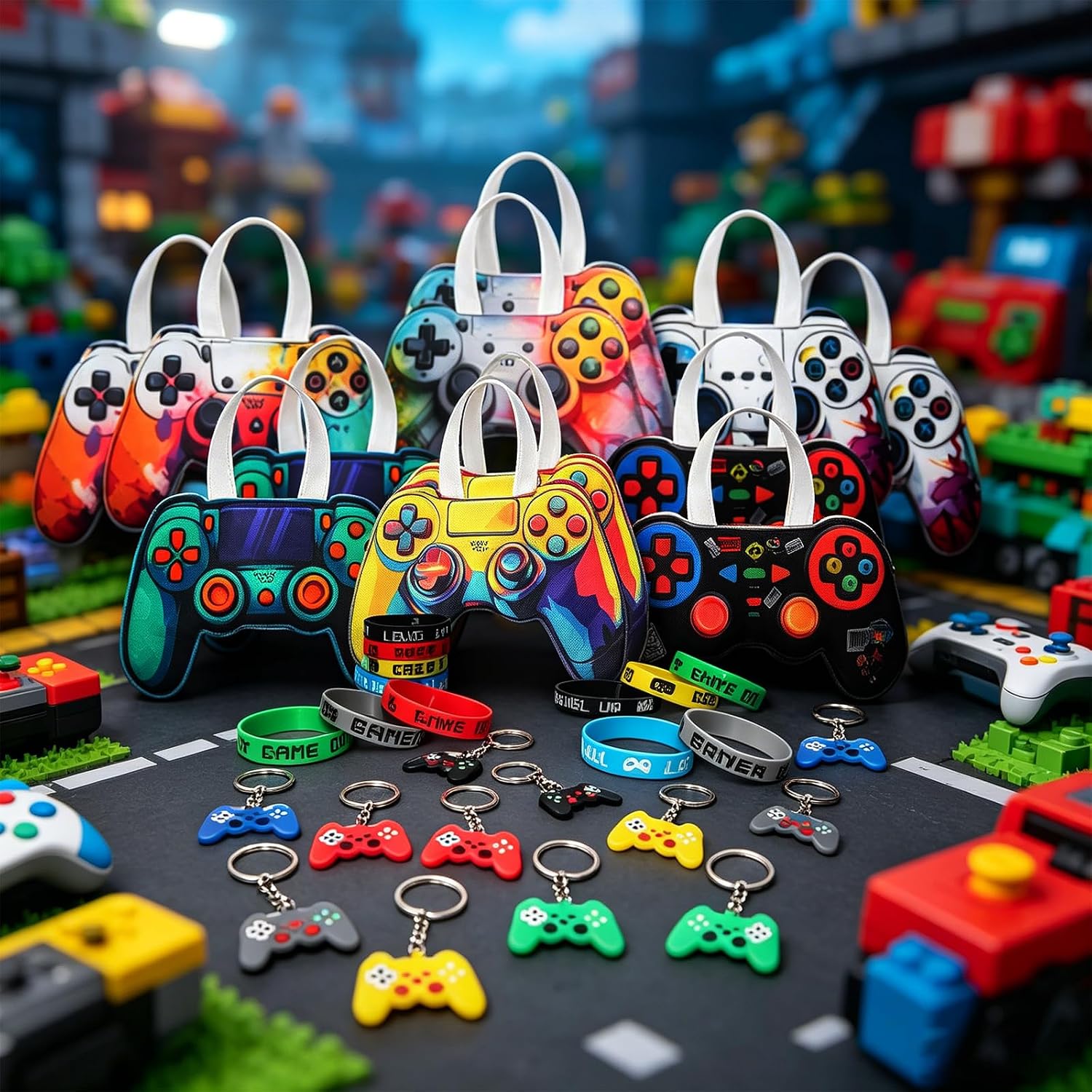 36 Pcs Video Game Party Favor Bags, Wristbands and Keychains for Birthday Non Woven Reusable Gaming Goodie Treat Gift Bags with Handles Gaming Party Supplies Class of 2026 Graduation Favors