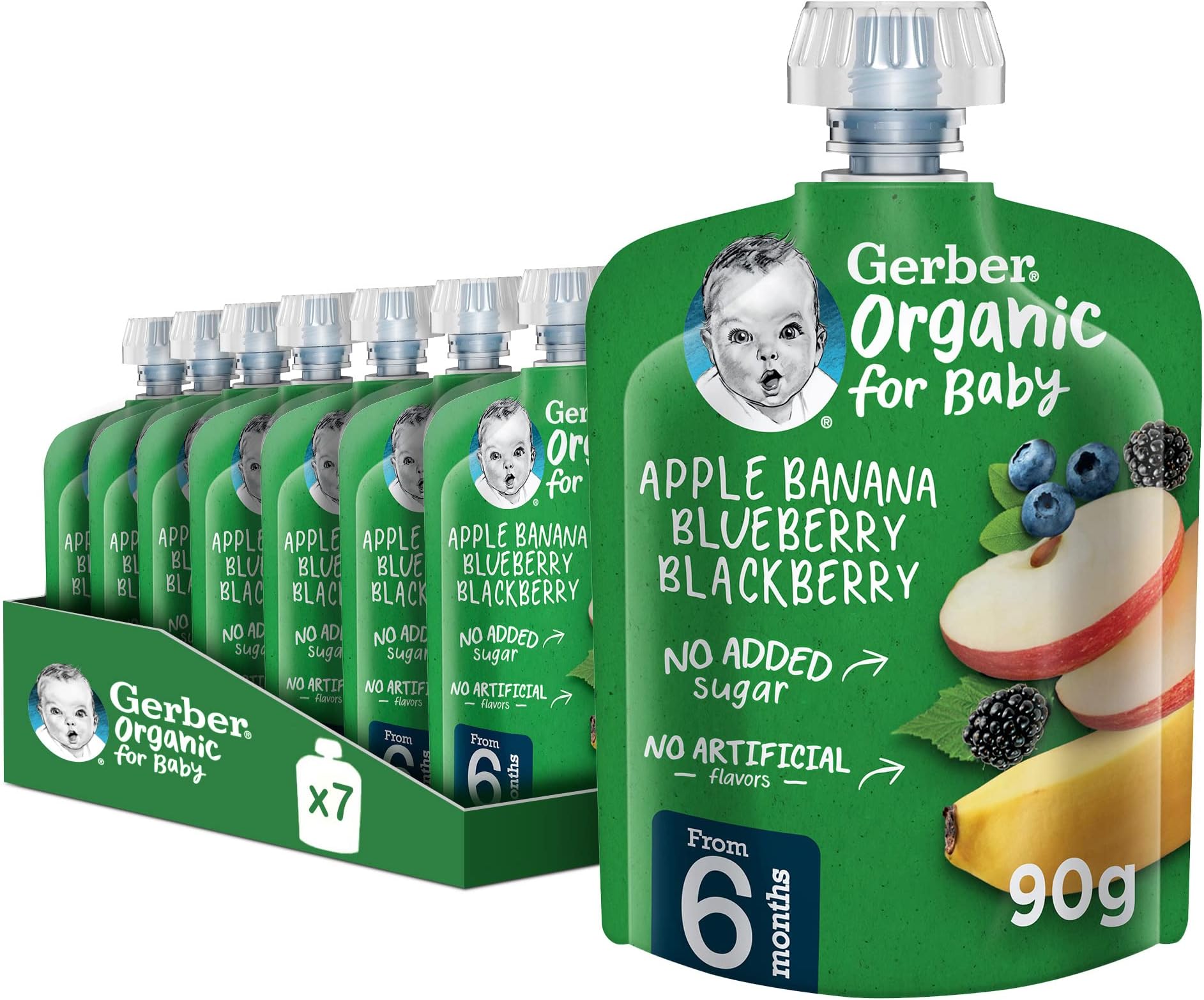 Organic Baby Food Puree Pouch Apple, Banana, Blueberry & Blackberry. No added sugar, No artificial flavors, No preservatives. 90g(6m+) (7 Pouches)