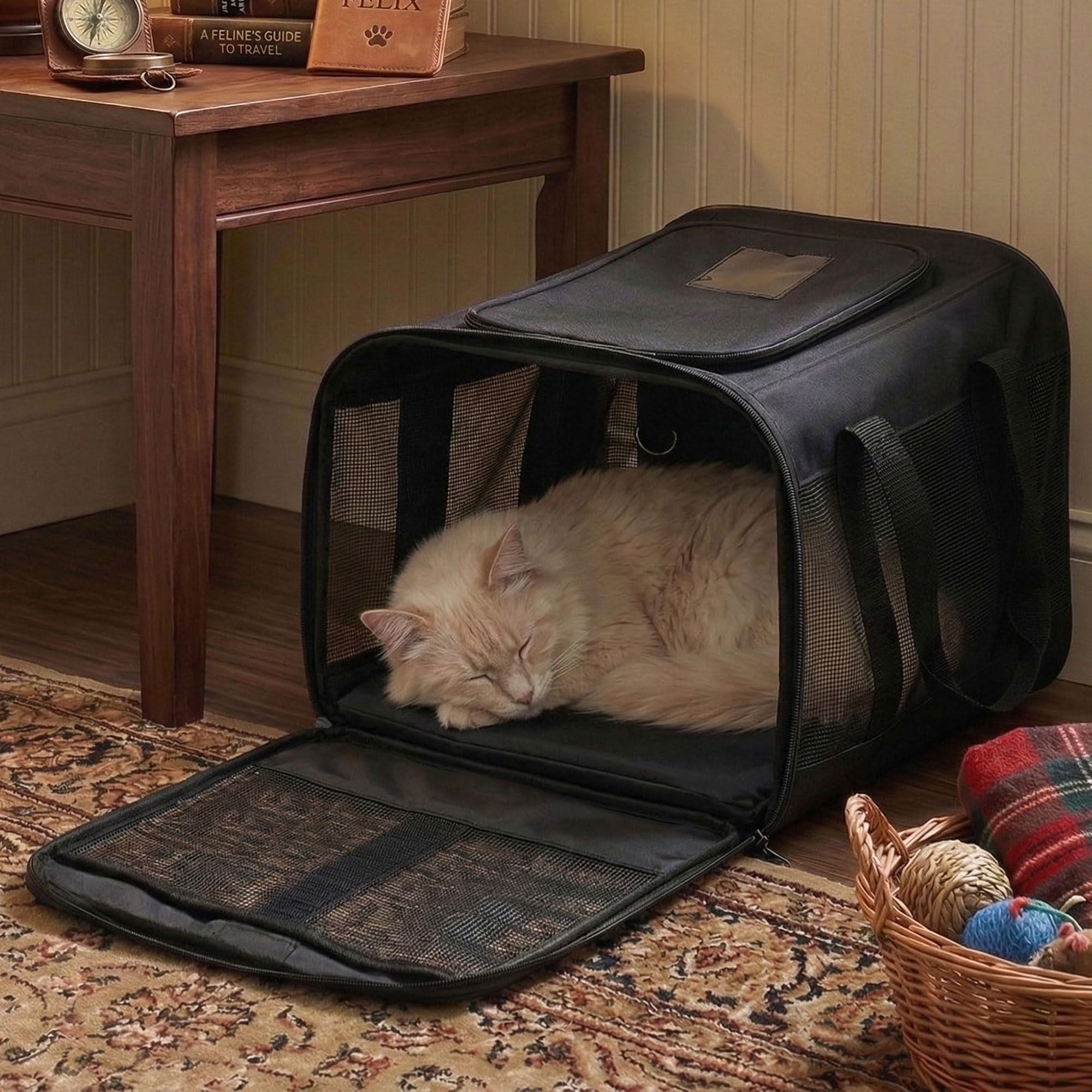 Conlun Porte-Chat Approuvé, Transport pour Chien Souple avec Laisse intérieure, pour Chats et Chiots Jusqu’à 7 kg, Sac de Voyage Pliable -Noir, M