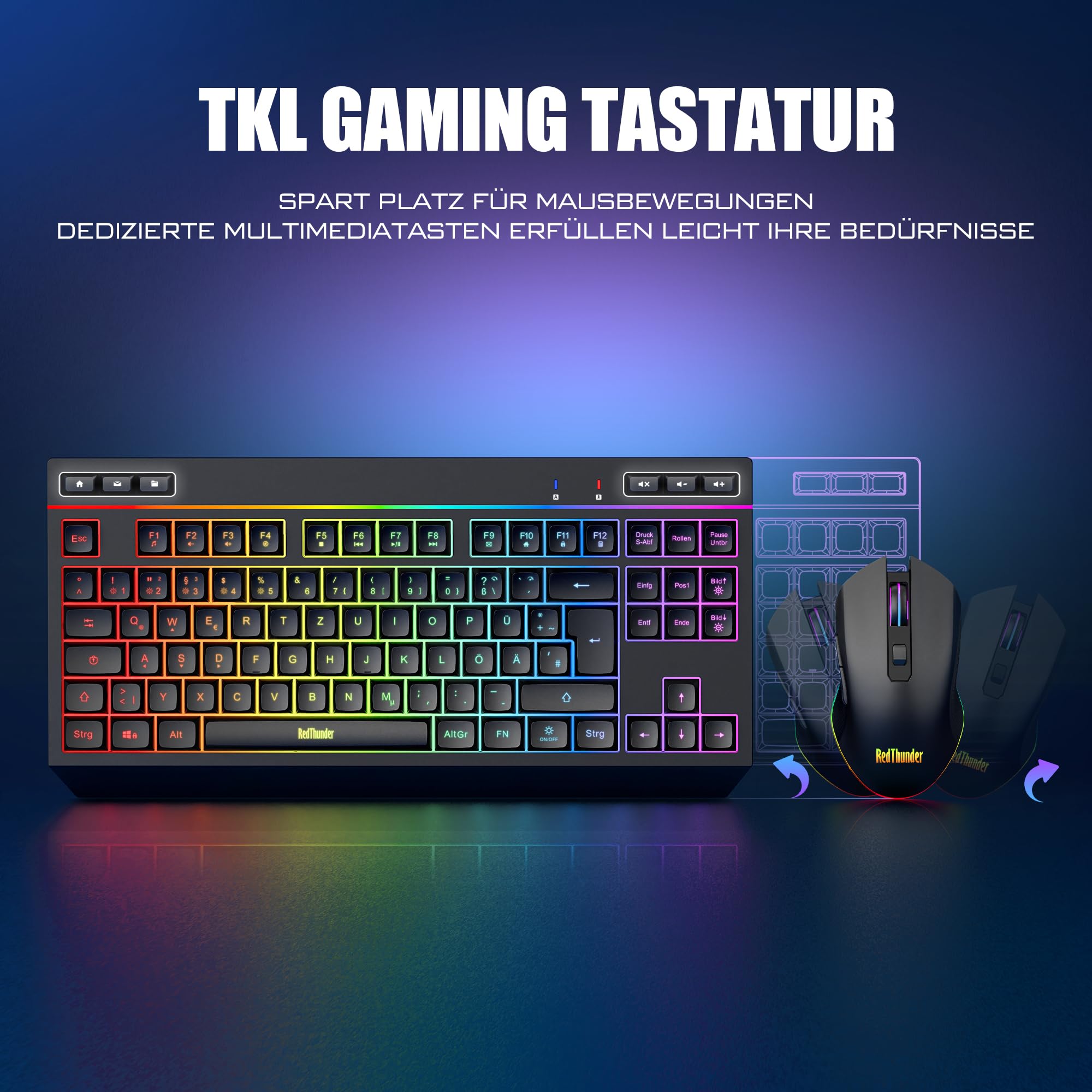 RedThunder 75% Kabelloses Tastatur und Maus Set, QWERTZ 94 Tasten TKL Layout, RGB, Wiederaufladbar Funktastatur mit Multimedia Funktionstasten, 7D Optische Maus für PC Xbox PS5, Büro (Schwarz)