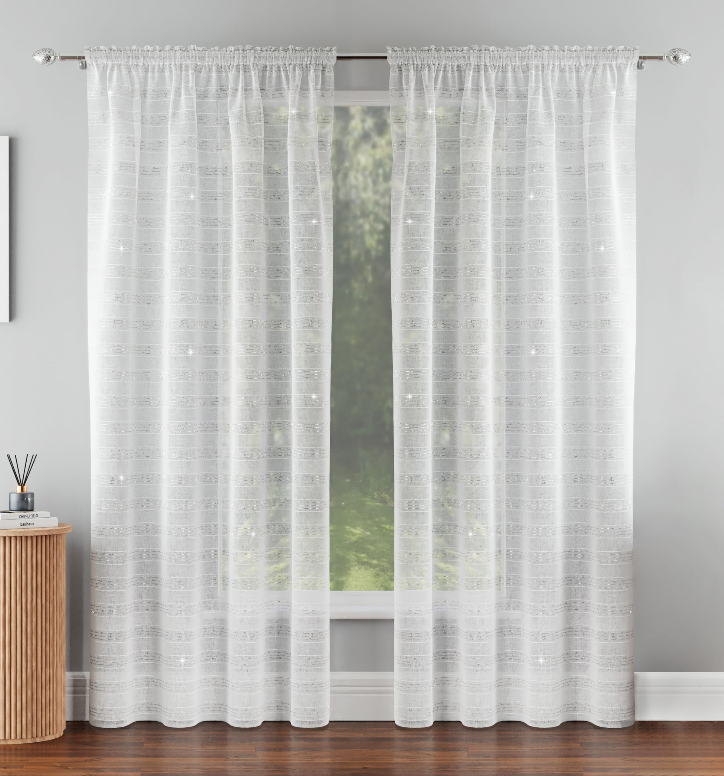 Tyrone Textiles Pair of Lima White Sheer Curtains with Silver Metallic Lurex Stripes - Light Filtering Voile Curtain x 2 Panels - Slot Top Rod Pocket Net Curtains for Bedroom