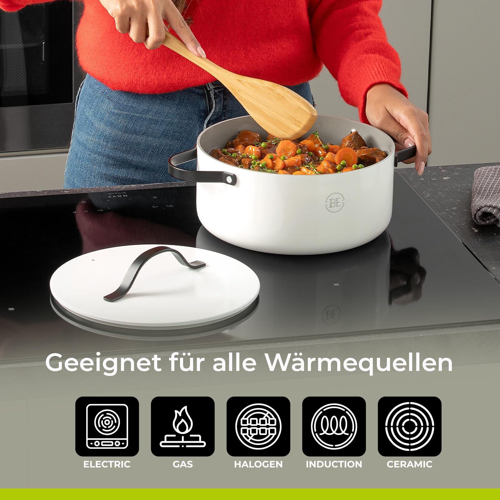 Be Living Essential Kochtopf mit Deckel Ø 28 cm (7 L) Induktion Schmortopf, Non Stick Keramik Antihaft, Ohne ptfe und pfoa, Weiß
