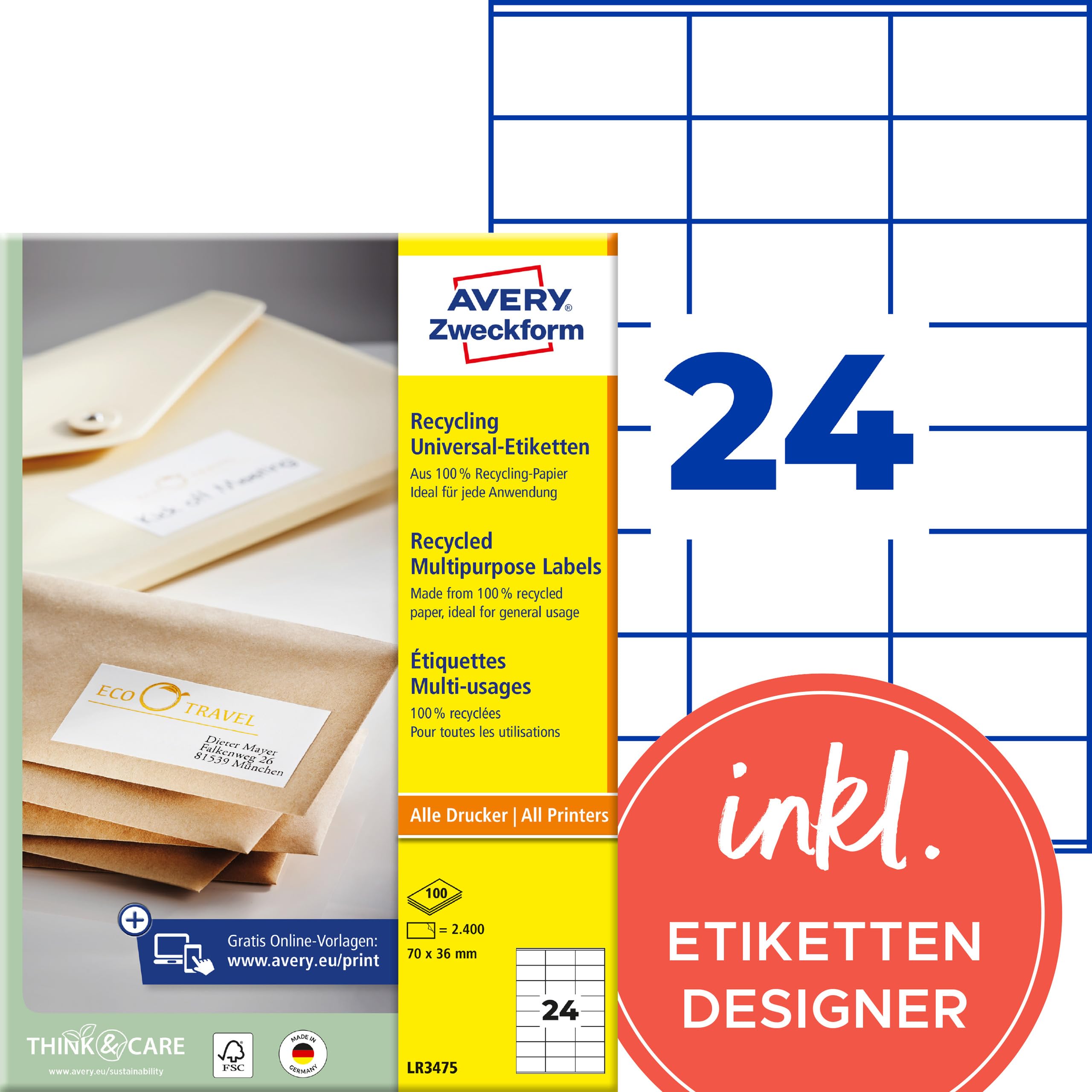 AVERY Zweckform LR3475 Recycling Etiketten (2.400 Adressaufkleber, 70x36mm auf A4, 100% recyceltes Altpapier, bedruckbare Adressetiketten, selbstklebende Klebeetiketten) 100 Blatt, naturweiß