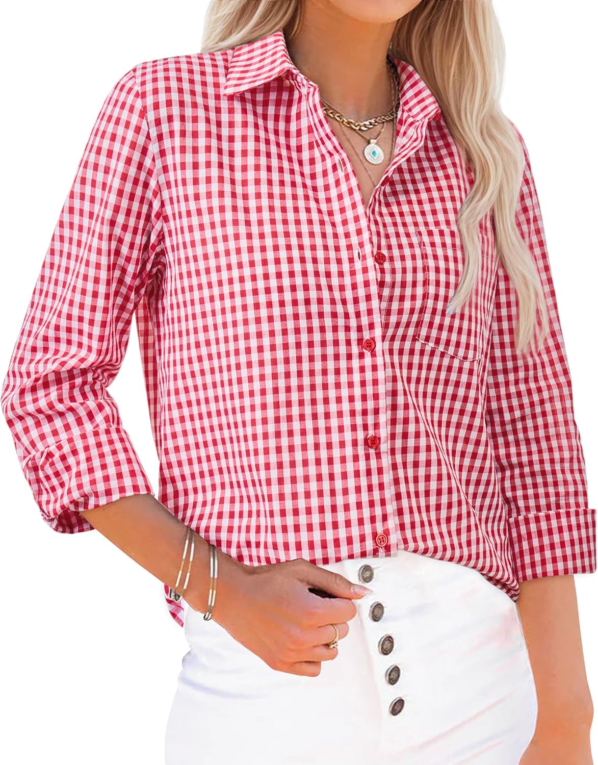 siliteelon Plaid Shirts for Women Gingham Top Button Down Long Sleeve Dress Shirts Cotton Casual Fitted Work Collared Blouse - Image 6
