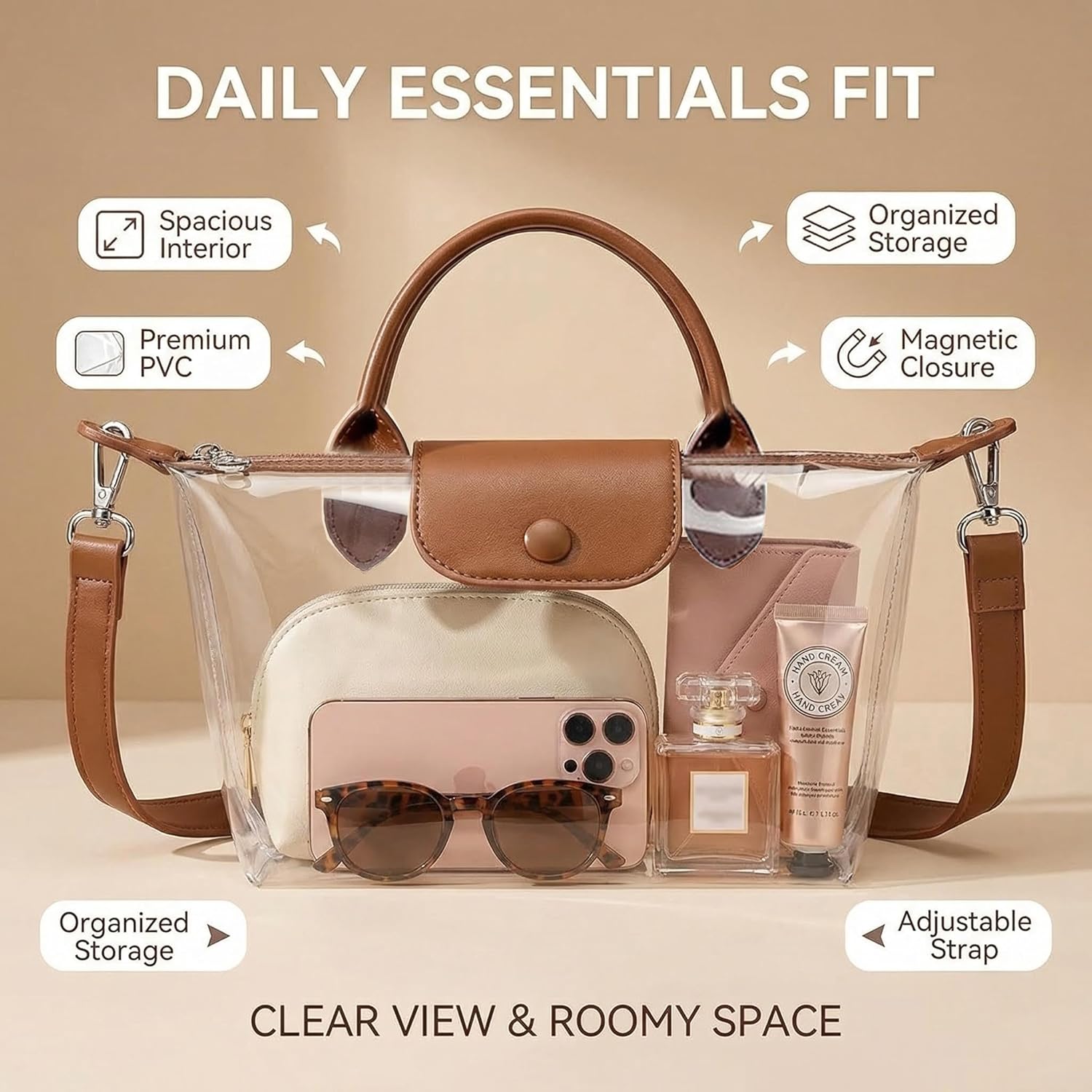 Clear Stadium Bag, Small Crossbody Clear Purse Handbags for Concerts Sports Events, Transparent Messenger Bag, No Smell