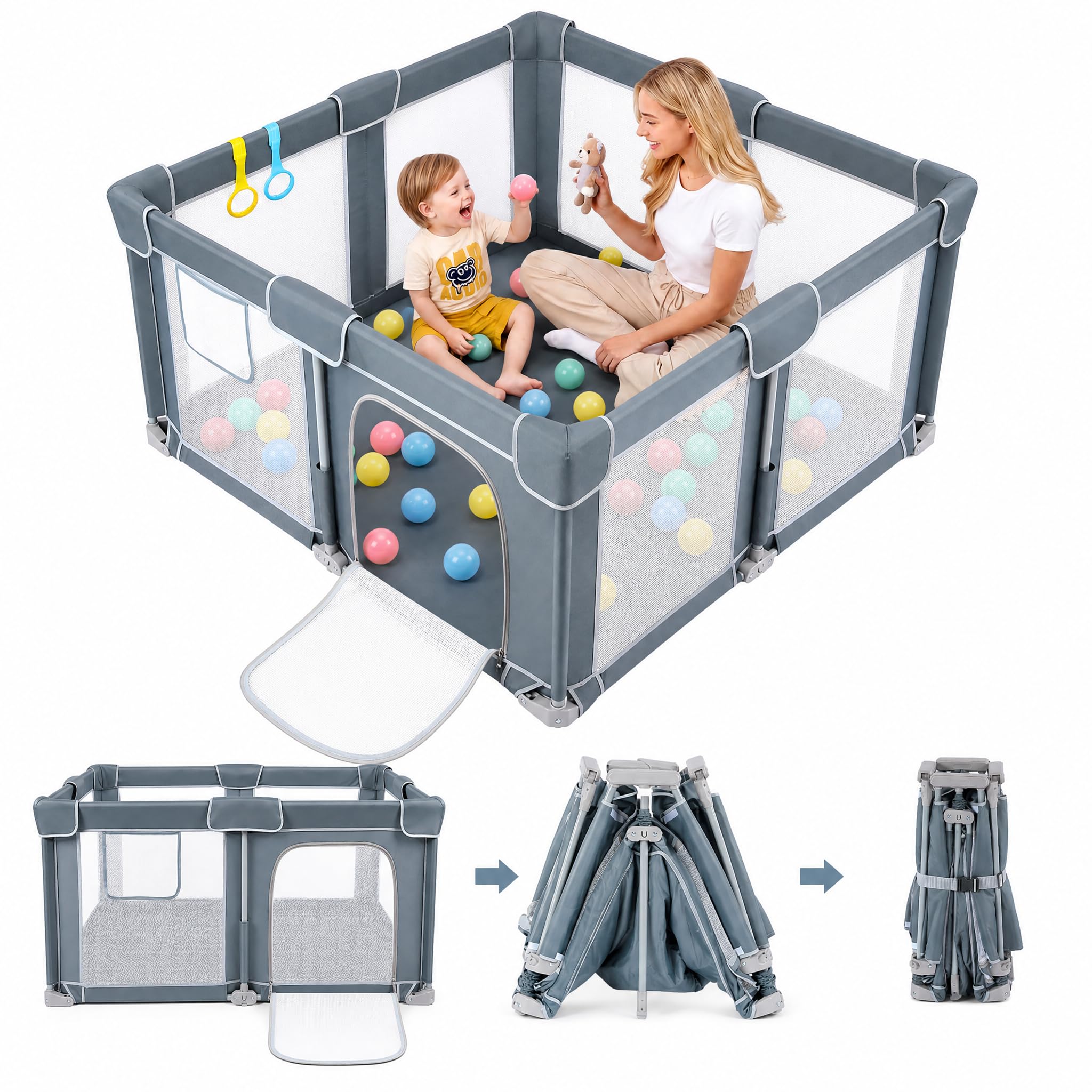 Dripex Box Bambini Pieghevole in Tessuto, 130x130 cm, con Tappeto Imbottito, Recinto Giochi Bebé Grigio Scuro, Area Gioco Protetta per Interno ed Esterno, con Borsa Trasporto, Anelli e Palline