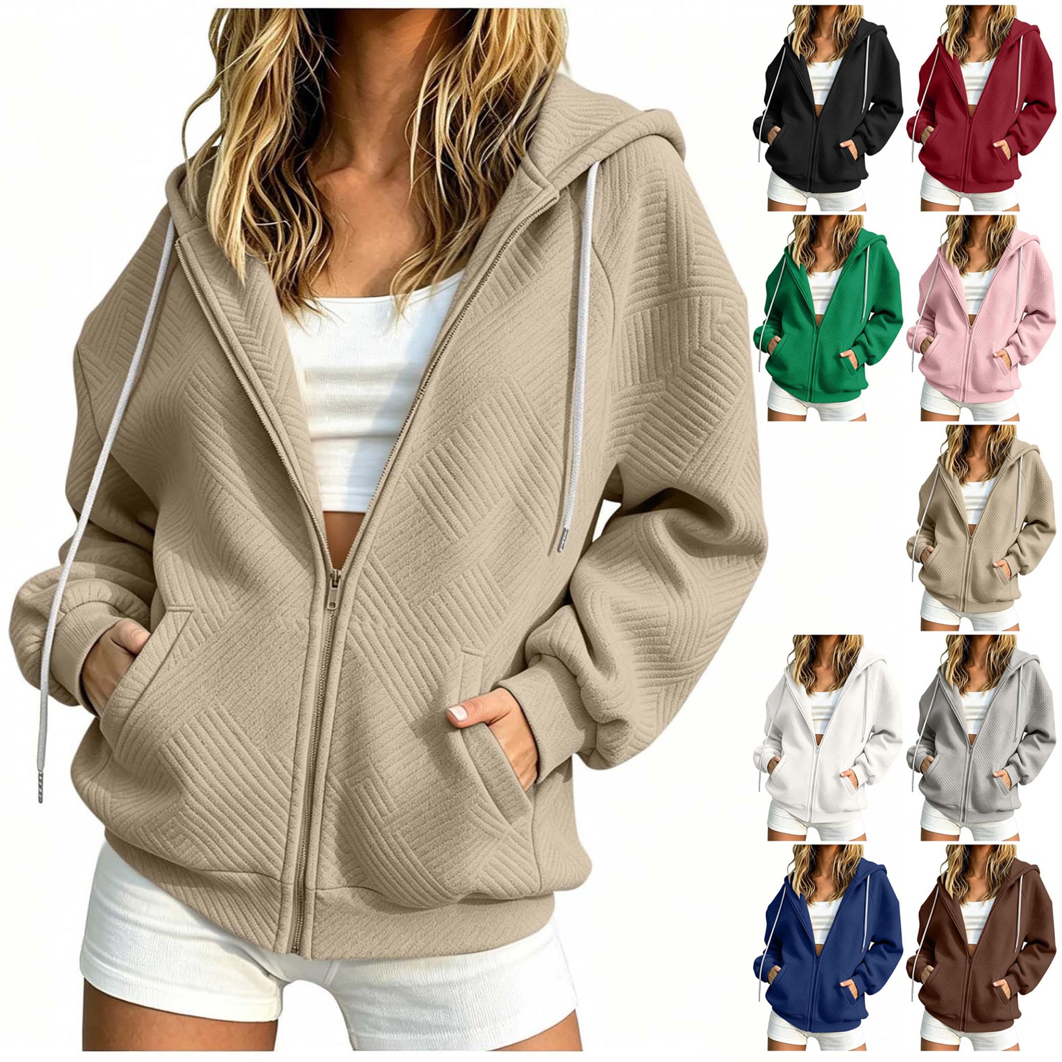 Damen Sweatjacke mit Kapuze Reißverschluss Struktur Oversize Langarm