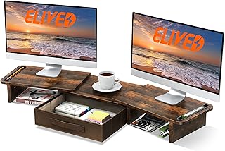 ELIVED Dual Monitor Stand Riser with Drawer-Adjustable Length and Angle, Monitor Stand Riser for 2 Monitors, Desktop Organizer Stand for Computer/Laptop/PC/Printer (Rust Brown)