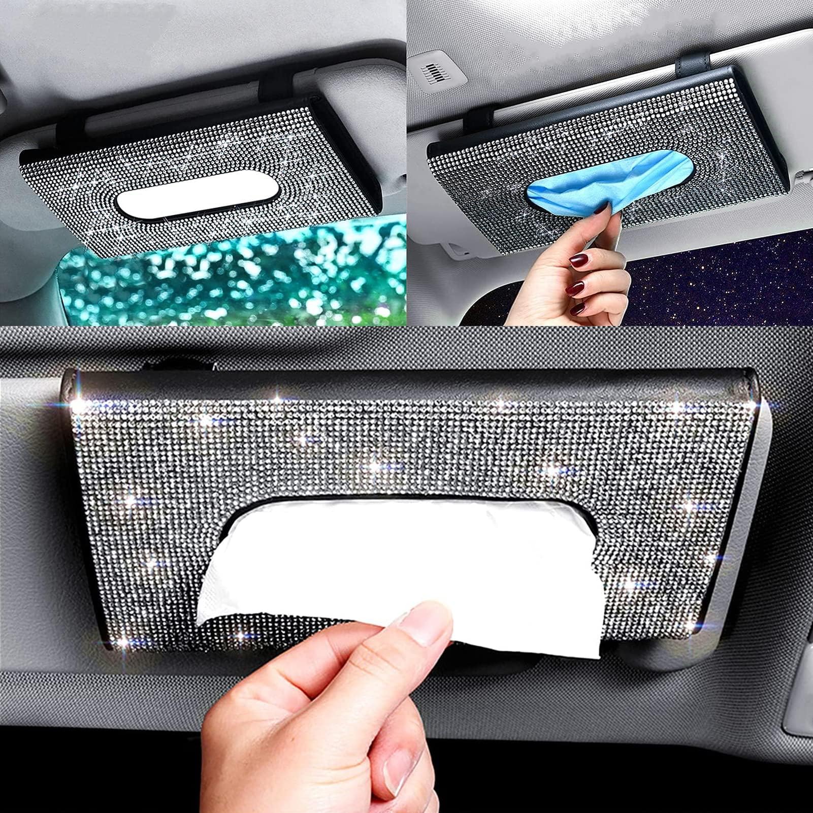 BLAU GRUN Bling Car Sun Visor Tissue Box Holder, Rhinestone PU Leather Crystal