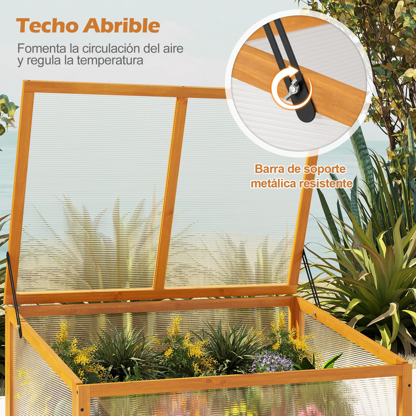 COSTWAY Invernadero de Madera de Abeto, Cubierta PVC, Protección Portátil para Macetas Elevadas con Techo Transparente Abatible, Pequeño Invernadero Interior y Exterior para Jardín, Balcón (Naranja)