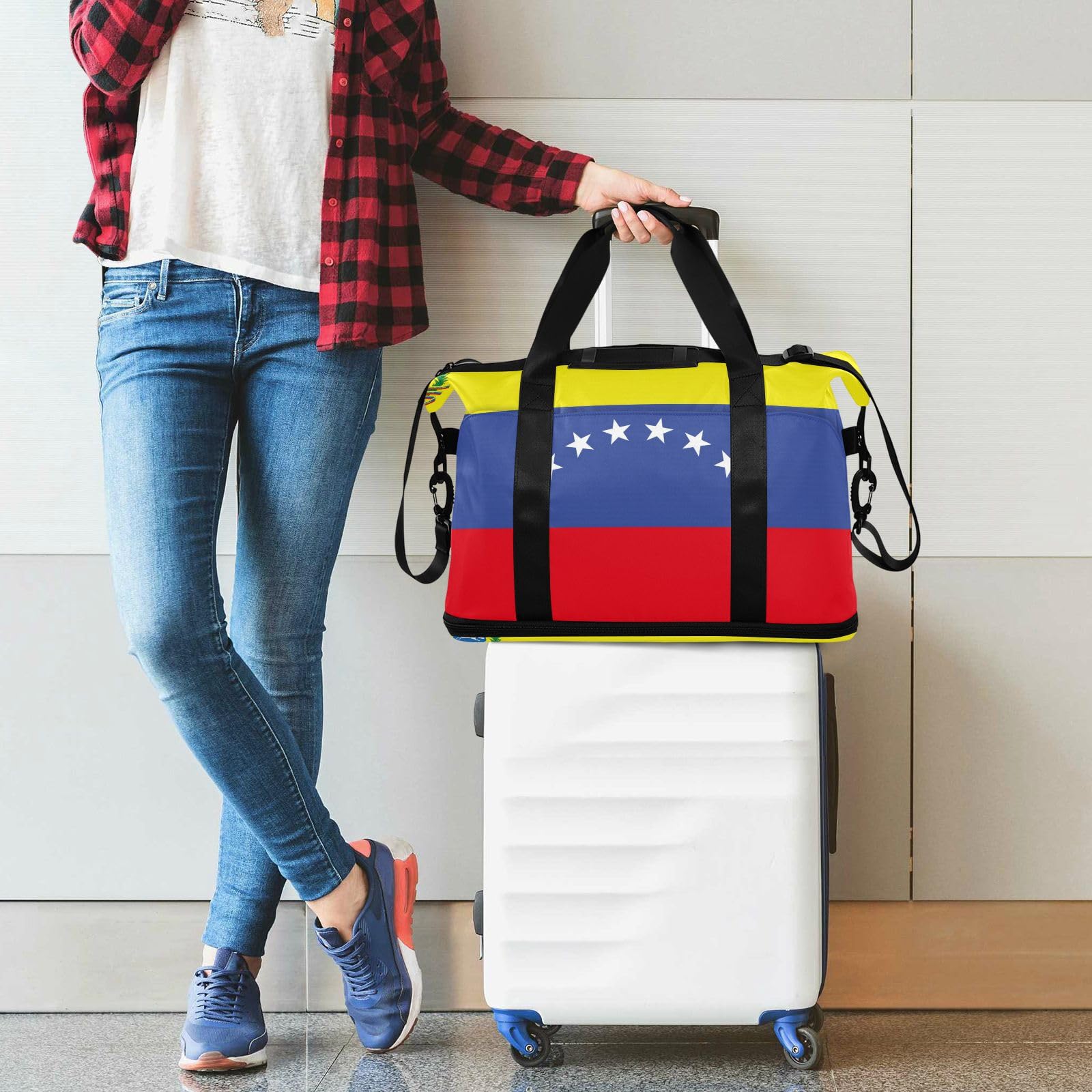 Venezuela - Bolsa de viaje de gran tamaño con bolsillo húmedo ajustable, correa ajustable para el gimnasio, viaje en avión, viajes, 2 piezas, para hombres y mujeres