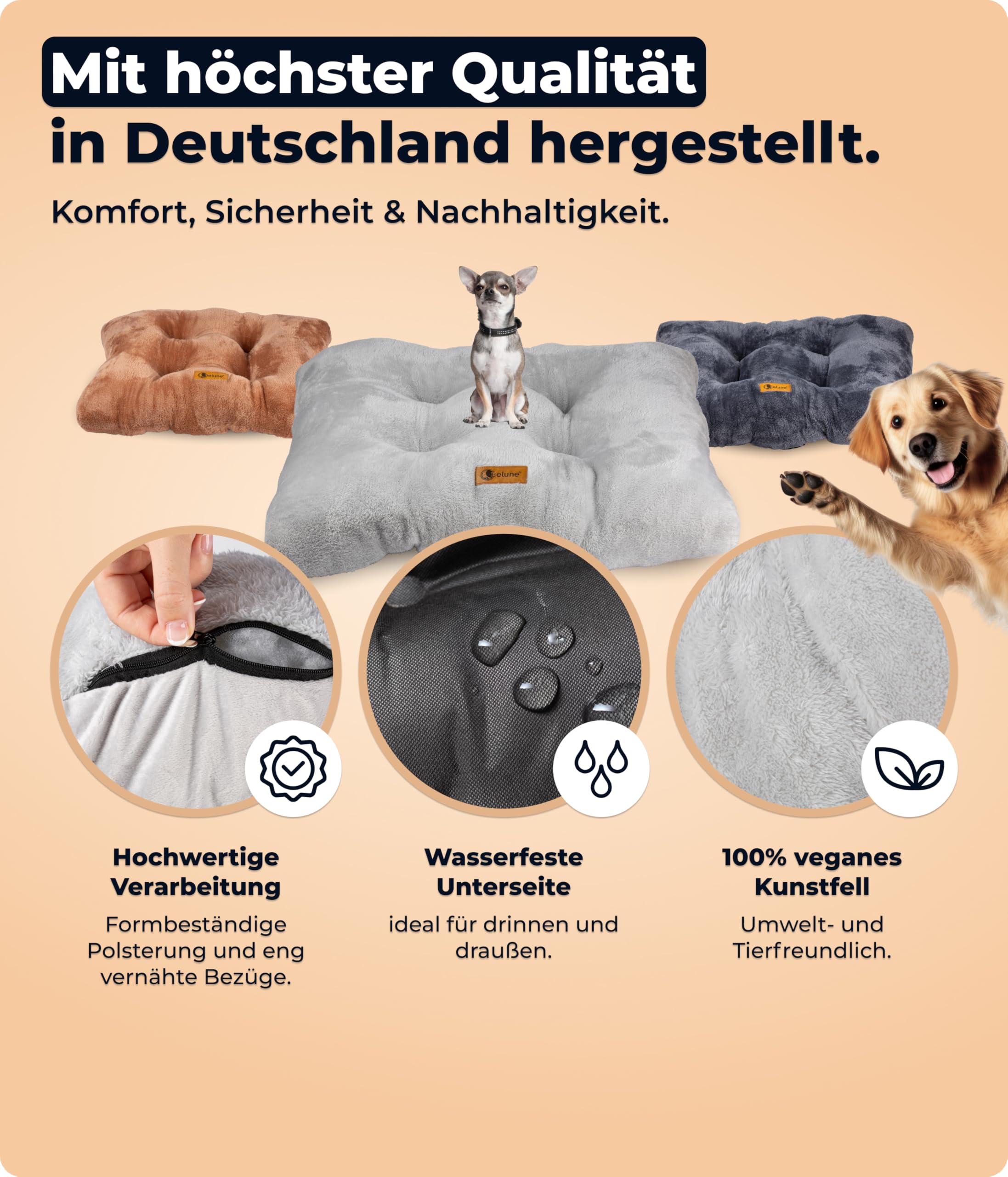 Belune® Hundekissen Deluxe [Braun, S (92cm x 62cm x 12cm)] - waschbar, Hundebett kleine Hunde, Hundekissen kleine Hunde
